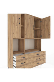 Hyperion Dolap 6 Raflı 6 Çekmeceli 3 Kapaklı 132x44x195 Çam-Çam/Çam