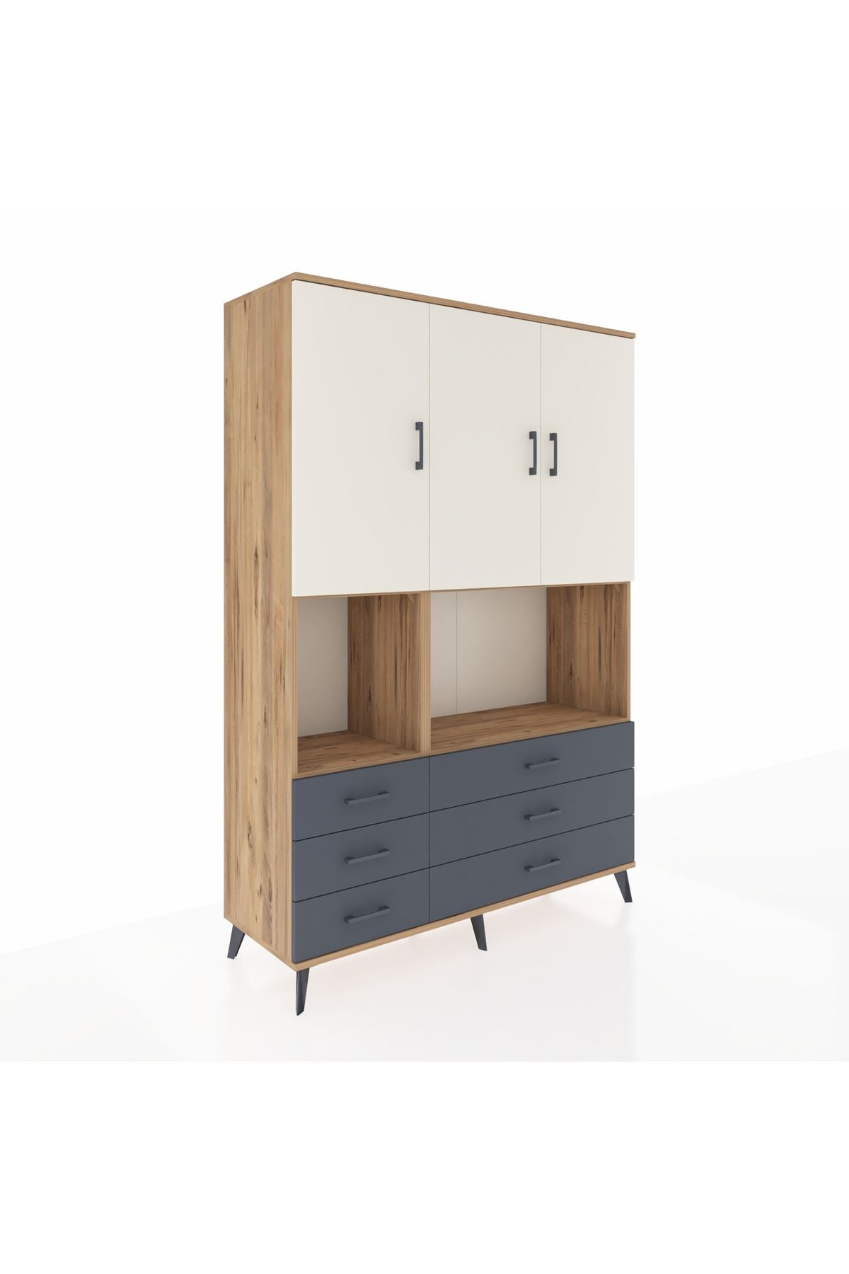 Hyperion Dolap 6 Raflı 6 Çekmeceli 3 Kapaklı 132x44x195 Çam-Aytaşı/Antrasit