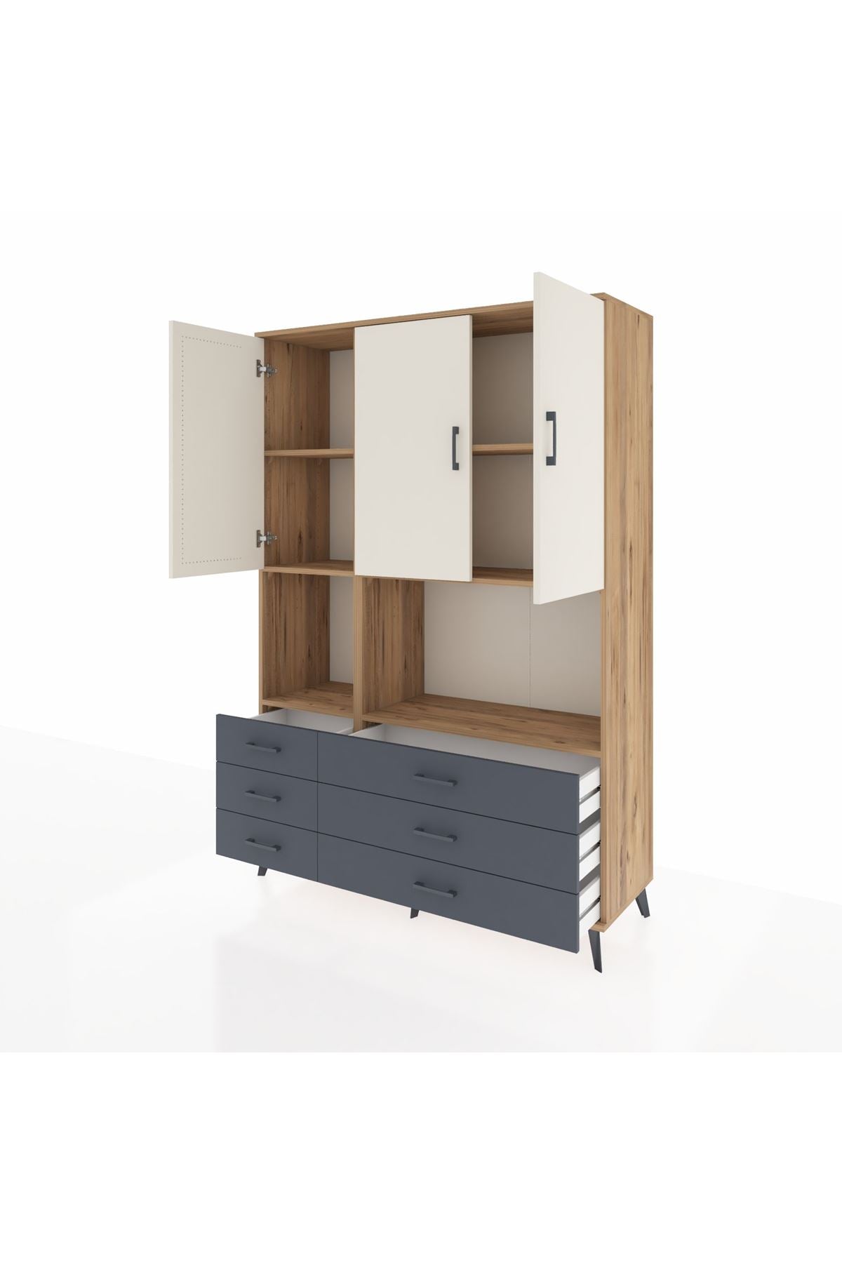 Hyperion Dolap 6 Raflı 6 Çekmeceli 3 Kapaklı 132x44x195 Çam-Aytaşı/Antrasit