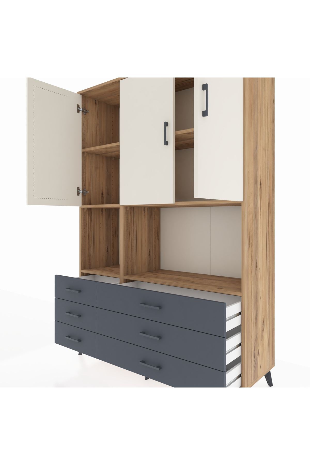 Hyperion Dolap 6 Raflı 6 Çekmeceli 3 Kapaklı 132x44x195 Çam-Aytaşı/Antrasit