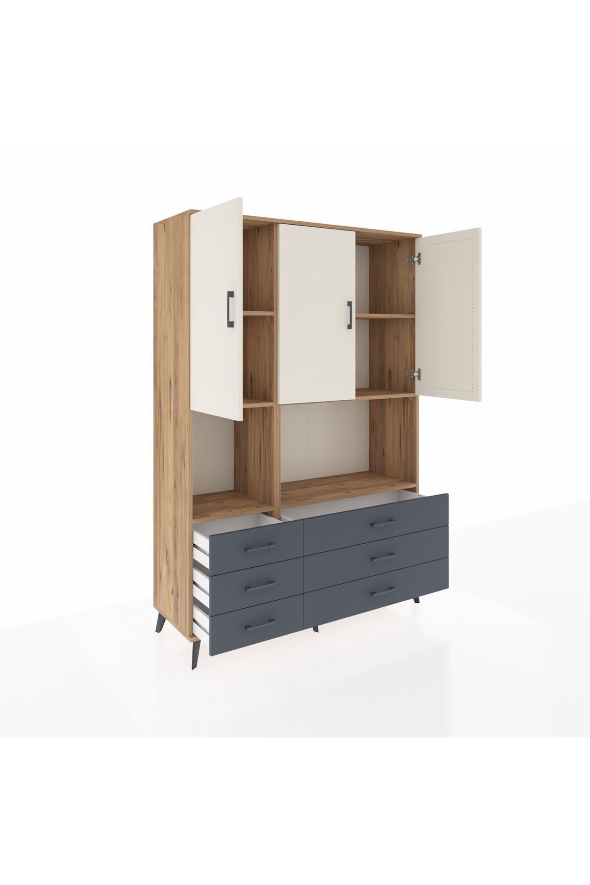 Hyperion Dolap 6 Raflı 6 Çekmeceli 3 Kapaklı 132x44x195 Çam-Aytaşı/Antrasit
