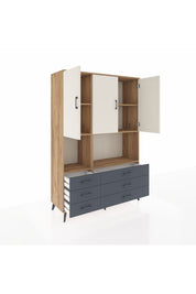 Hyperion Dolap 6 Raflı 6 Çekmeceli 3 Kapaklı 132x44x195 Çam-Aytaşı/Antrasit