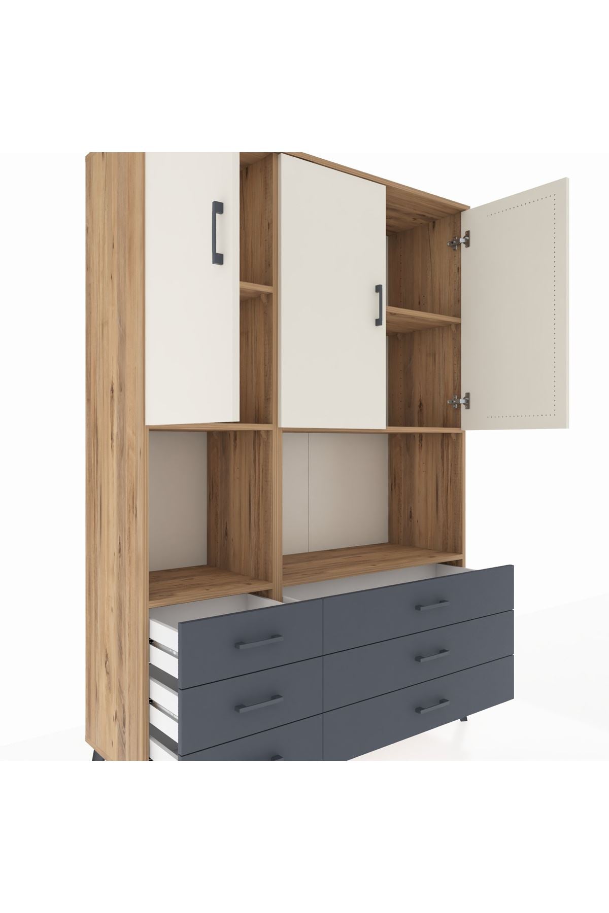 Hyperion Dolap 6 Raflı 6 Çekmeceli 3 Kapaklı 132x44x195 Çam-Aytaşı/Antrasit