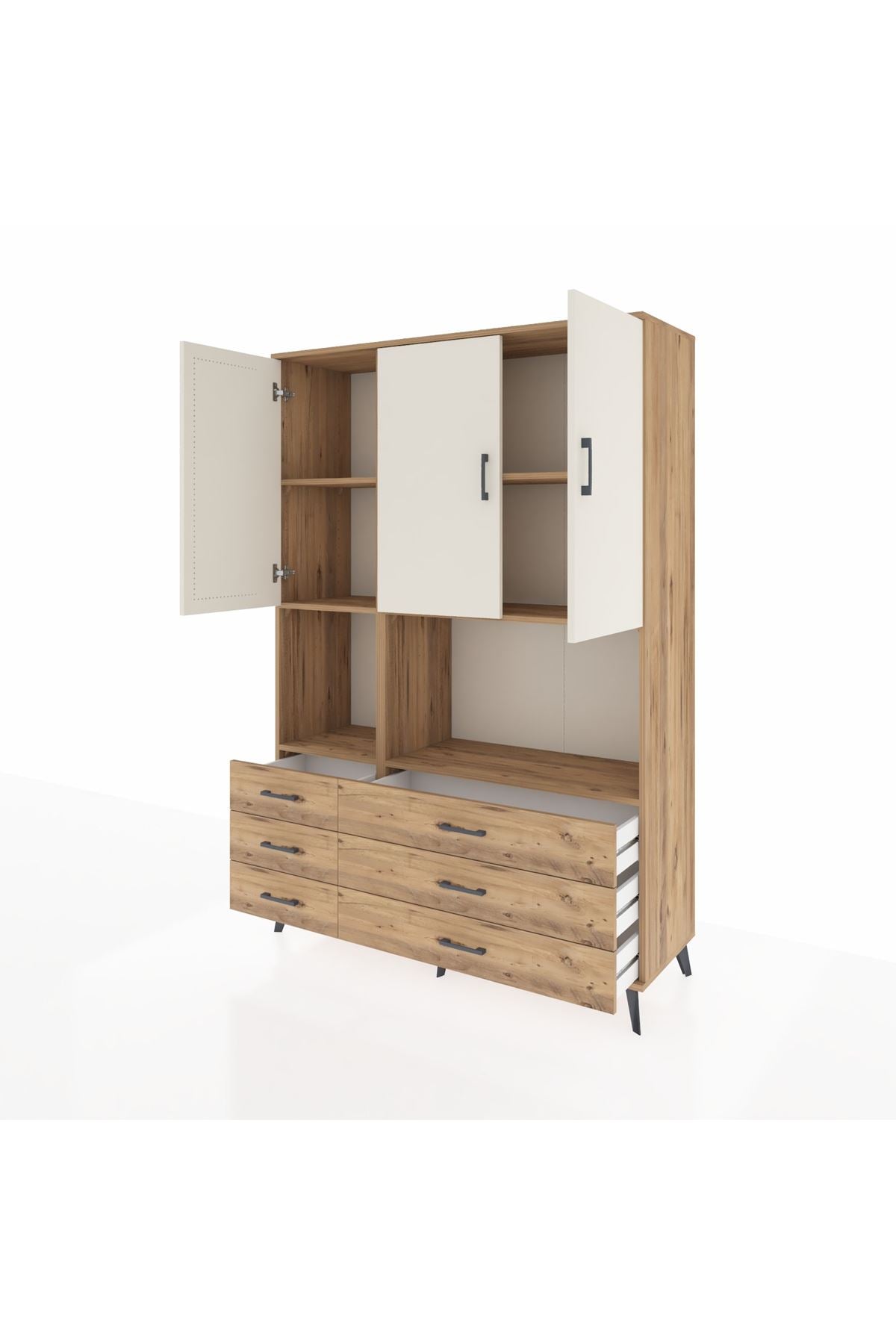 Hyperion Dolap 6 Raflı 6 Çekmeceli 3 Kapaklı 132x44x195 Çam-Aytaşı/Çam