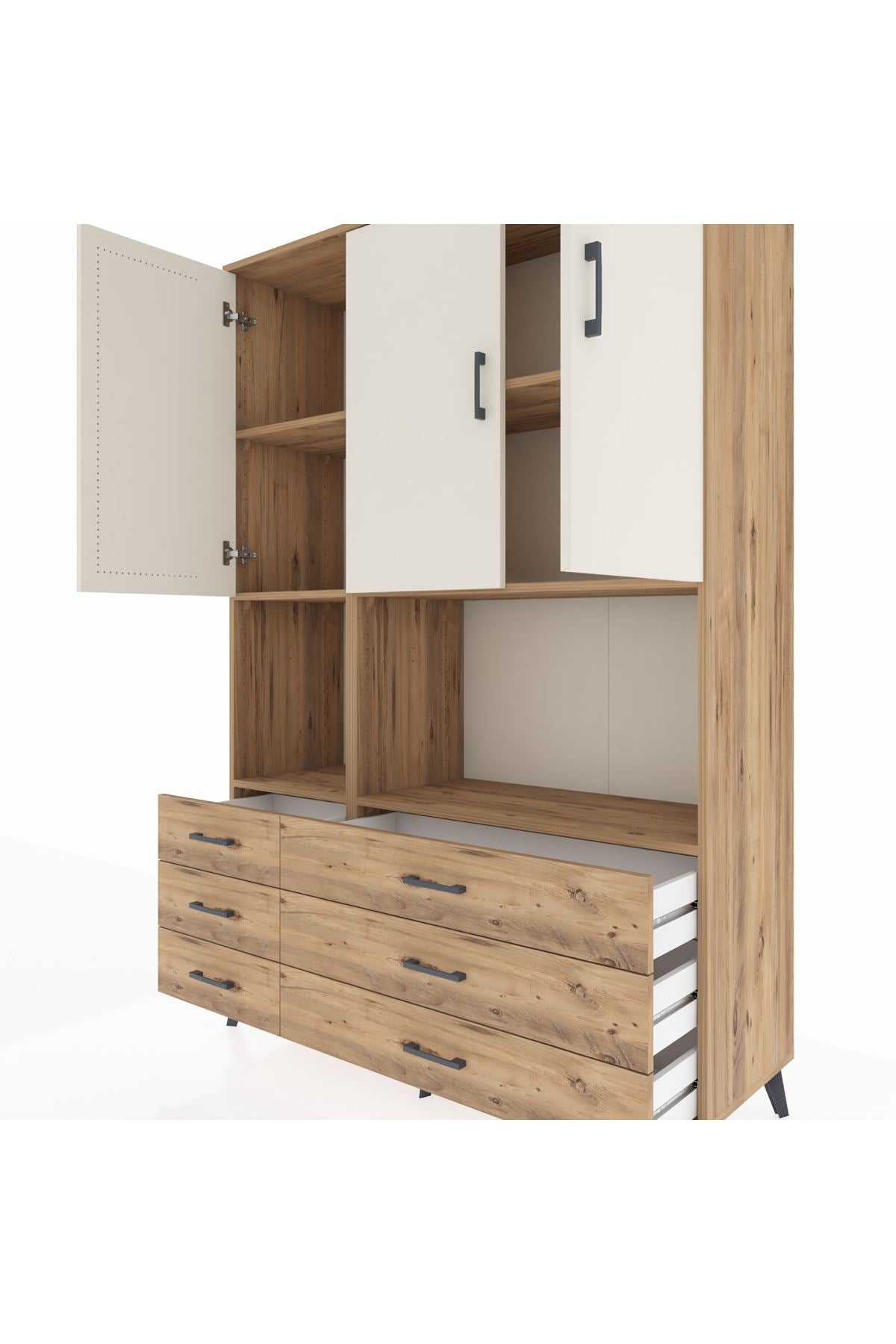 Hyperion Dolap 6 Raflı 6 Çekmeceli 3 Kapaklı 132x44x195 Çam-Aytaşı/Çam
