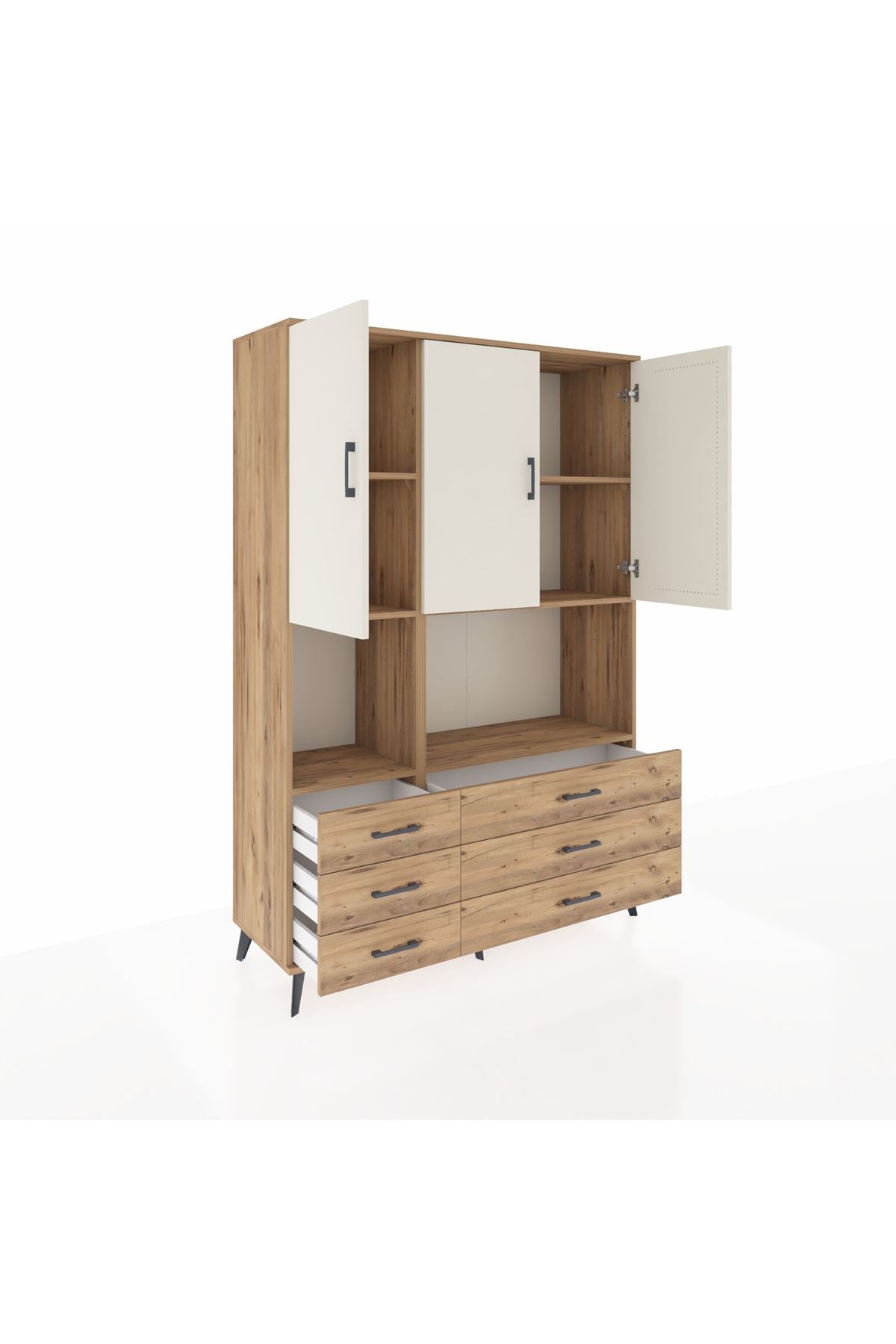 Hyperion Dolap 6 Raflı 6 Çekmeceli 3 Kapaklı 132x44x195 Çam-Aytaşı/Çam