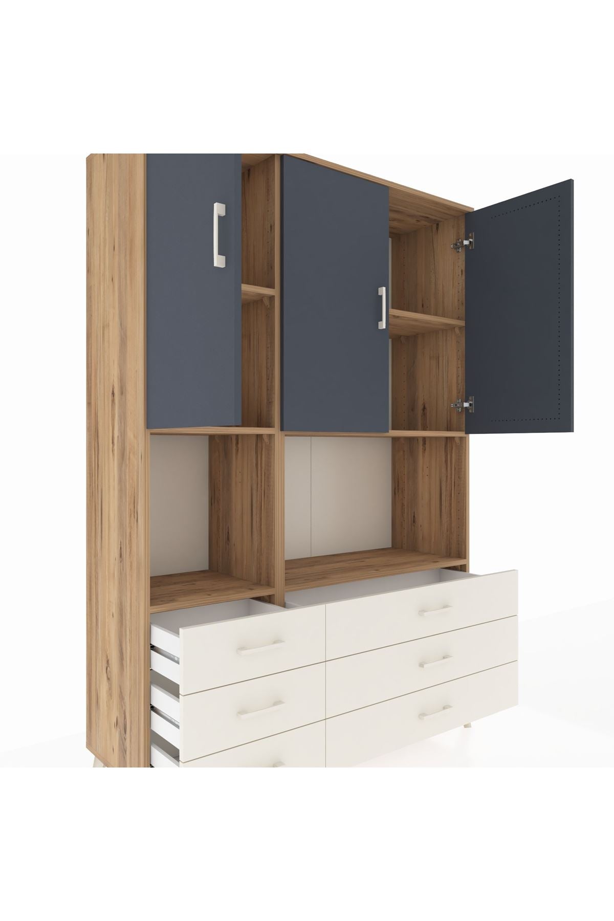 Hyperion Dolap 6 Raflı 6 Çekmeceli 3 Kapaklı 132x44x195 Çam-Antrasit/Aytaşı