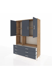 Hyperion Dolap 6 Raflı 6 Çekmeceli 3 Kapaklı 132x44x195 Çam-Antrasit/Antrasit