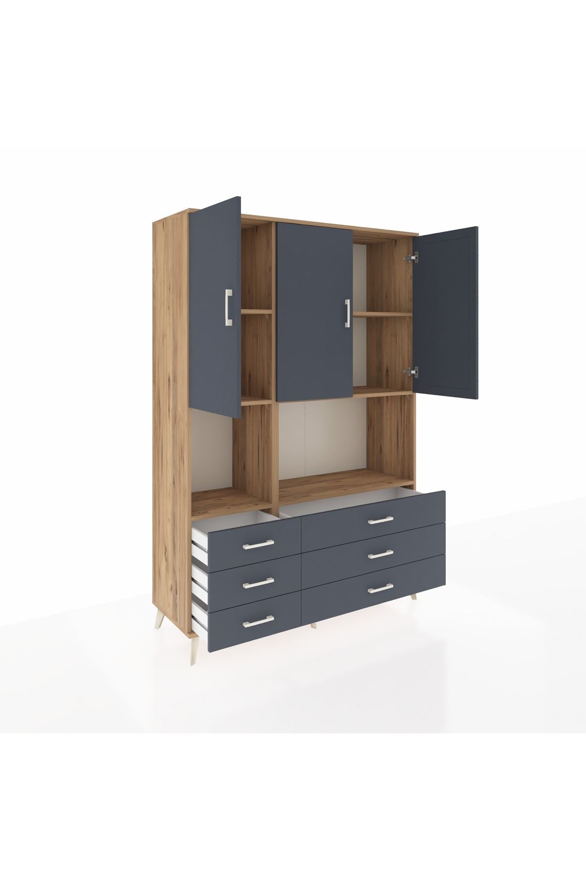 Hyperion Dolap 6 Raflı 6 Çekmeceli 3 Kapaklı 132x44x195 Çam-Antrasit/Antrasit