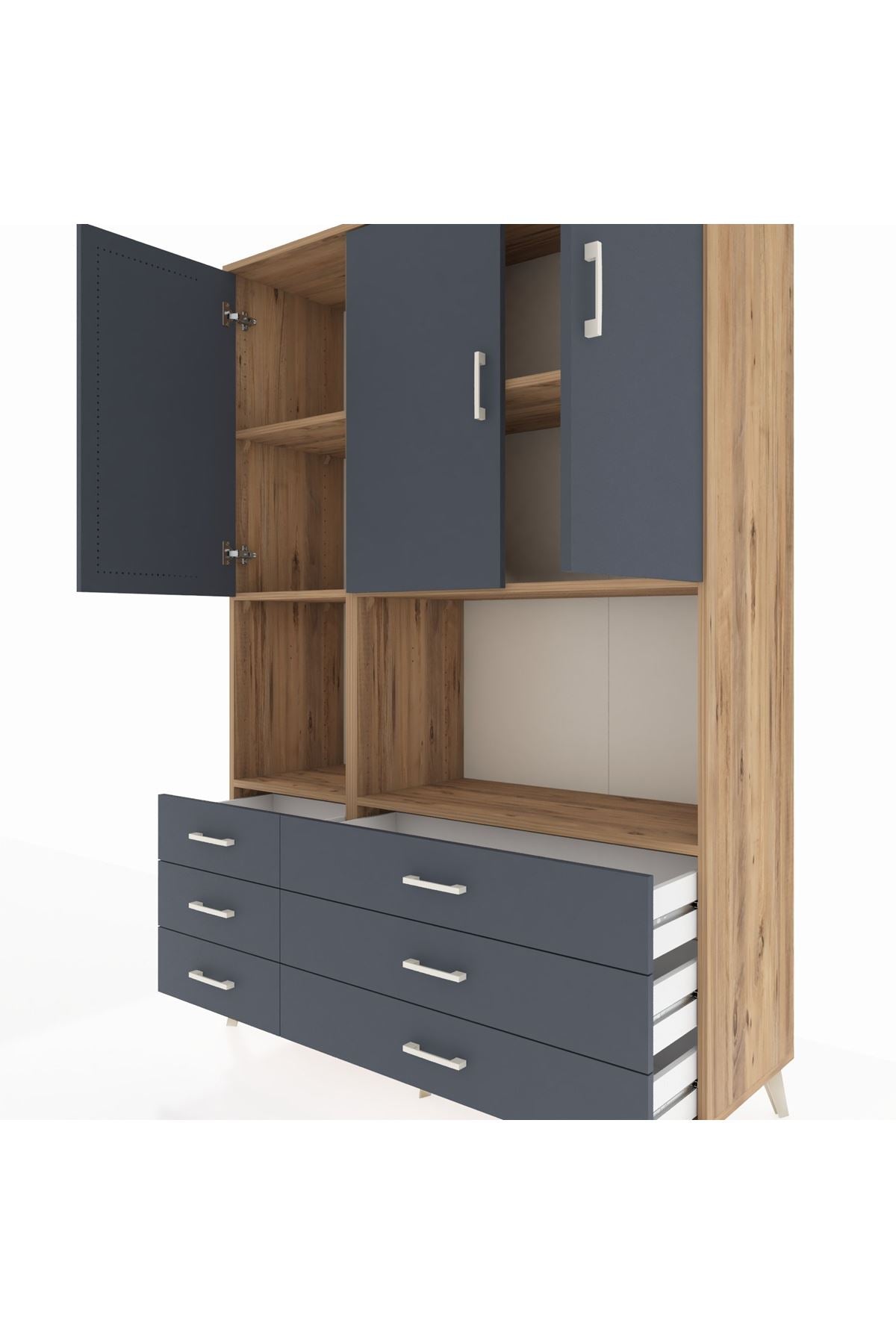 Hyperion Dolap 6 Raflı 6 Çekmeceli 3 Kapaklı 132x44x195 Çam-Antrasit/Antrasit