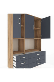 Hyperion Dolap 6 Raflı 6 Çekmeceli 3 Kapaklı 132x44x195 Çam-Antrasit/Antrasit