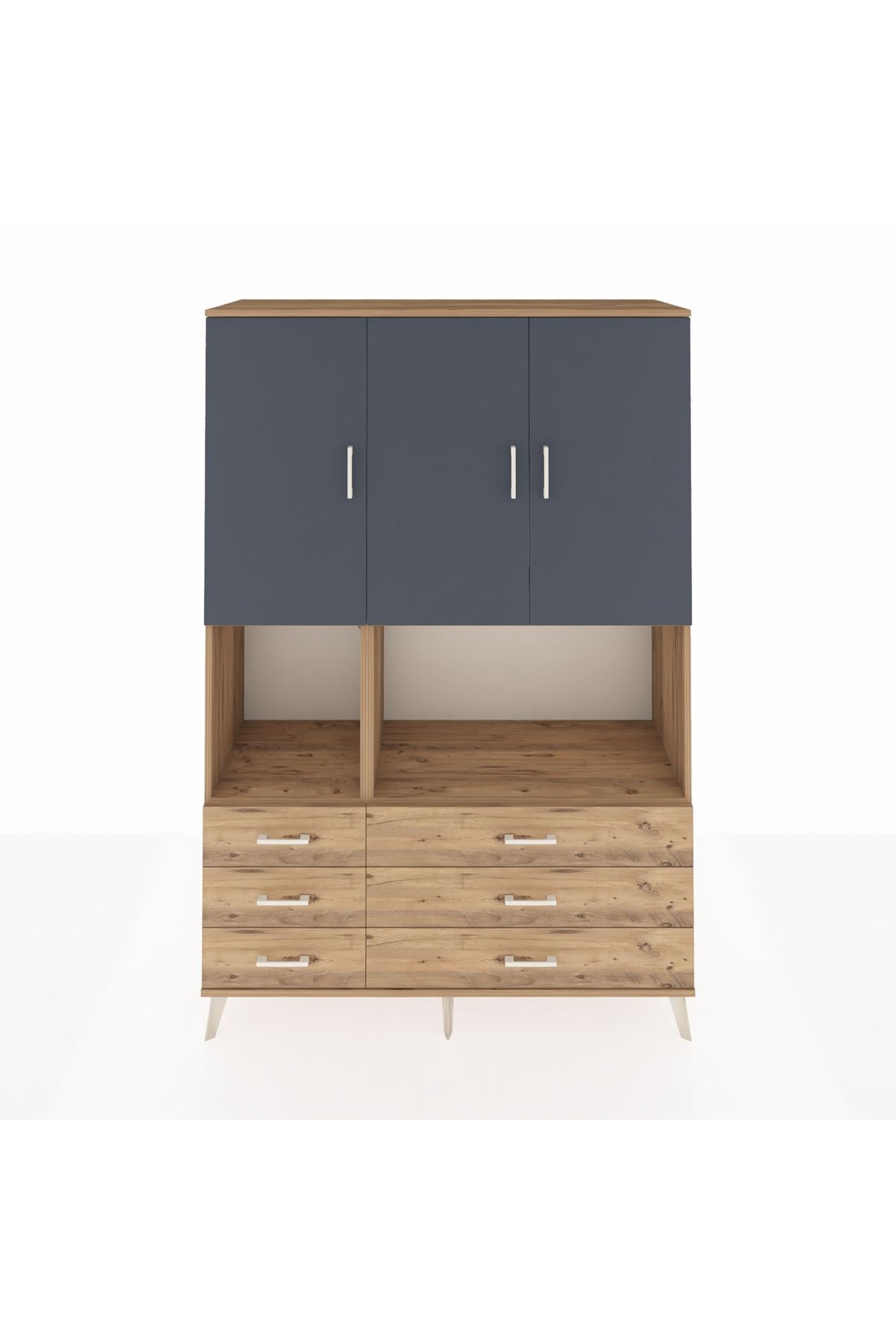 Hyperion Dolap 6 Raflı 6 Çekmeceli 3 Kapaklı 132x44x195 Çam-Antrasit/Çam