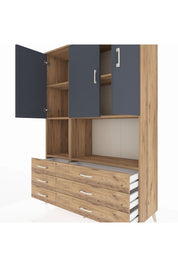 Hyperion Dolap 6 Raflı 6 Çekmeceli 3 Kapaklı 132x44x195 Çam-Antrasit/Çam