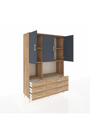 Hyperion Dolap 6 Raflı 6 Çekmeceli 3 Kapaklı 132x44x195 Çam-Antrasit/Çam