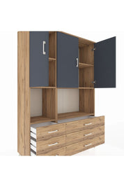 Hyperion Dolap 6 Raflı 6 Çekmeceli 3 Kapaklı 132x44x195 Çam-Antrasit/Çam