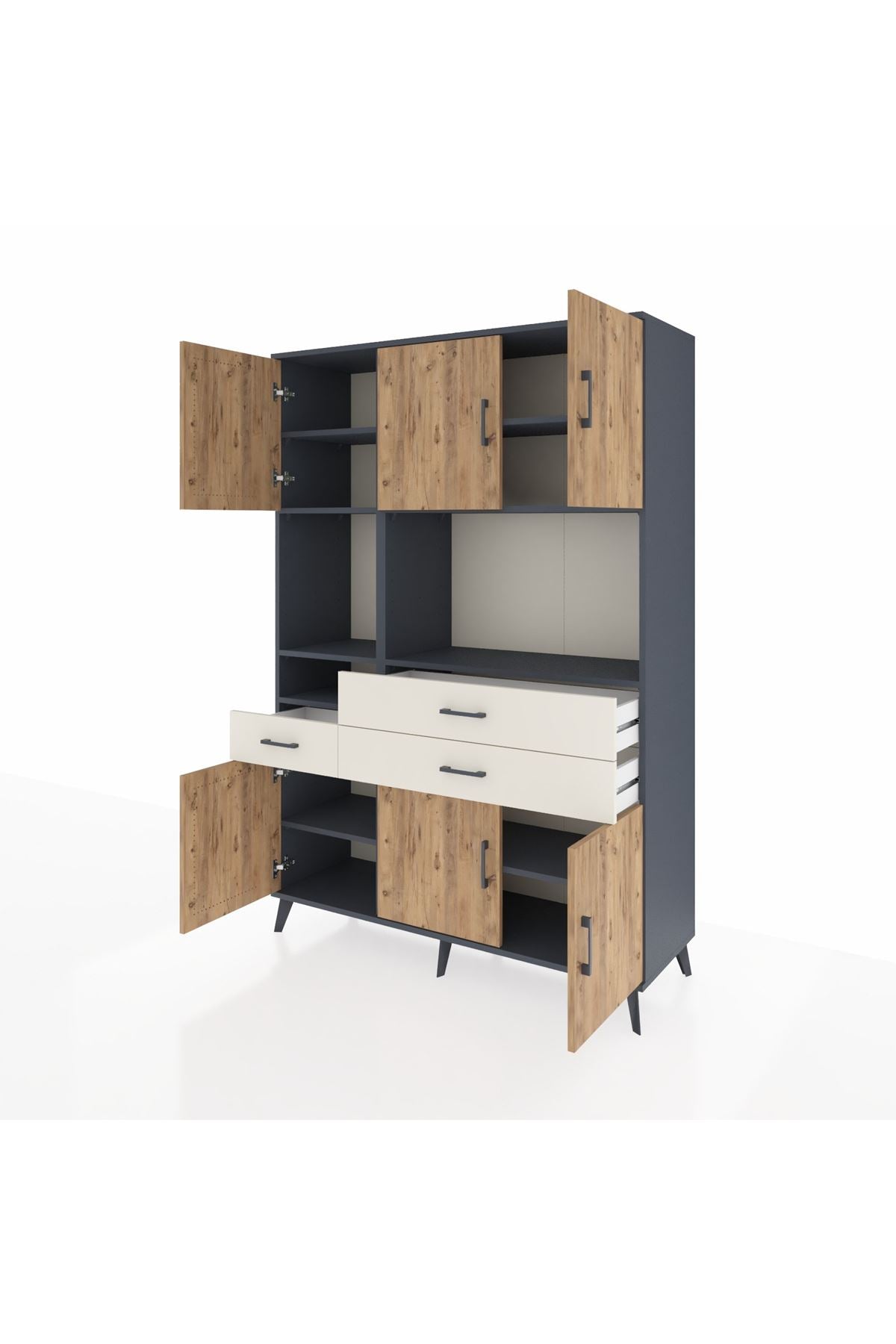 Hyperion Dolap 9 Raflı 3 Çekmeceli 6 Kapaklı 132x44x195 Antrasit-Çam/Aytaşı