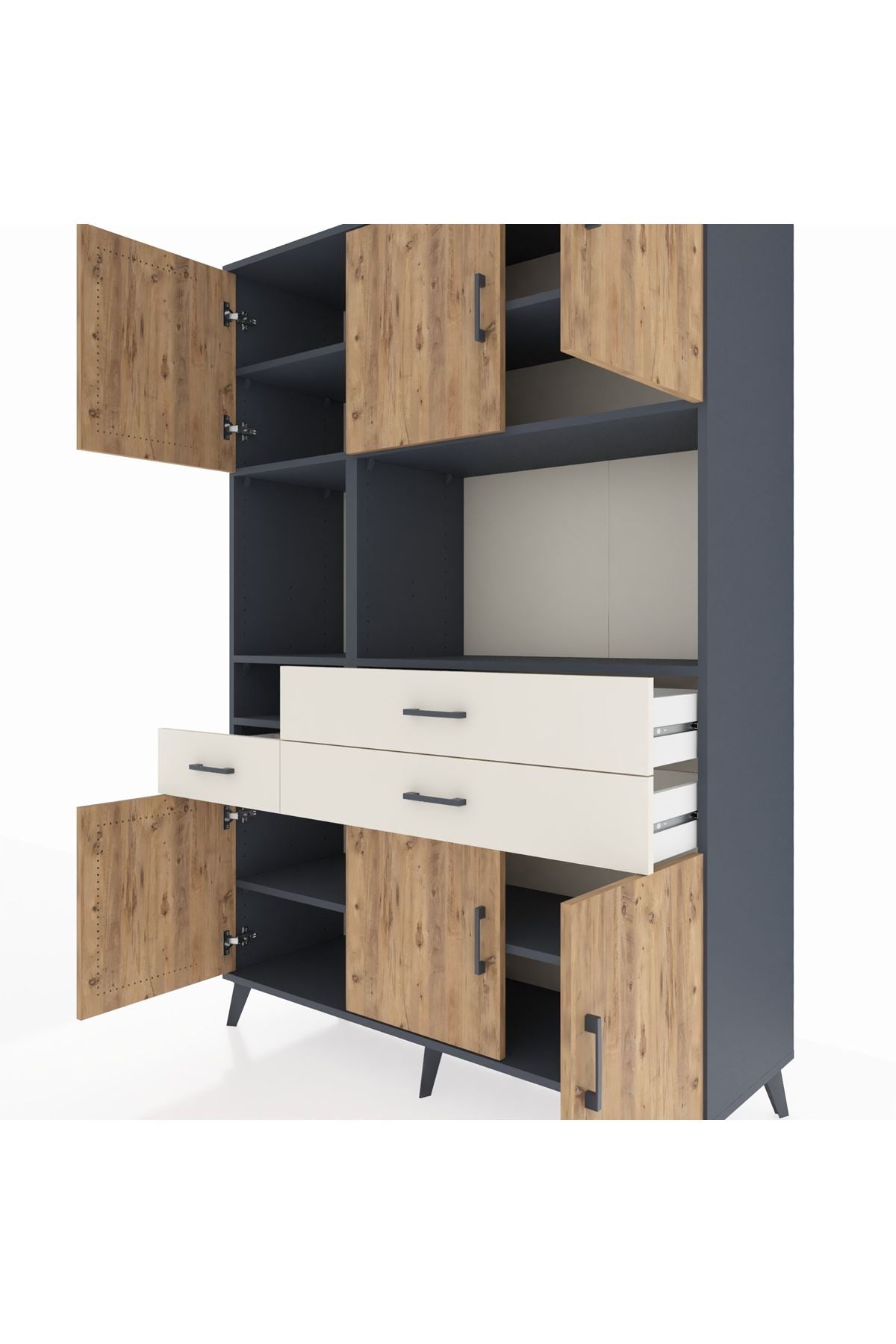 Hyperion Dolap 9 Raflı 3 Çekmeceli 6 Kapaklı 132x44x195 Antrasit-Çam/Aytaşı