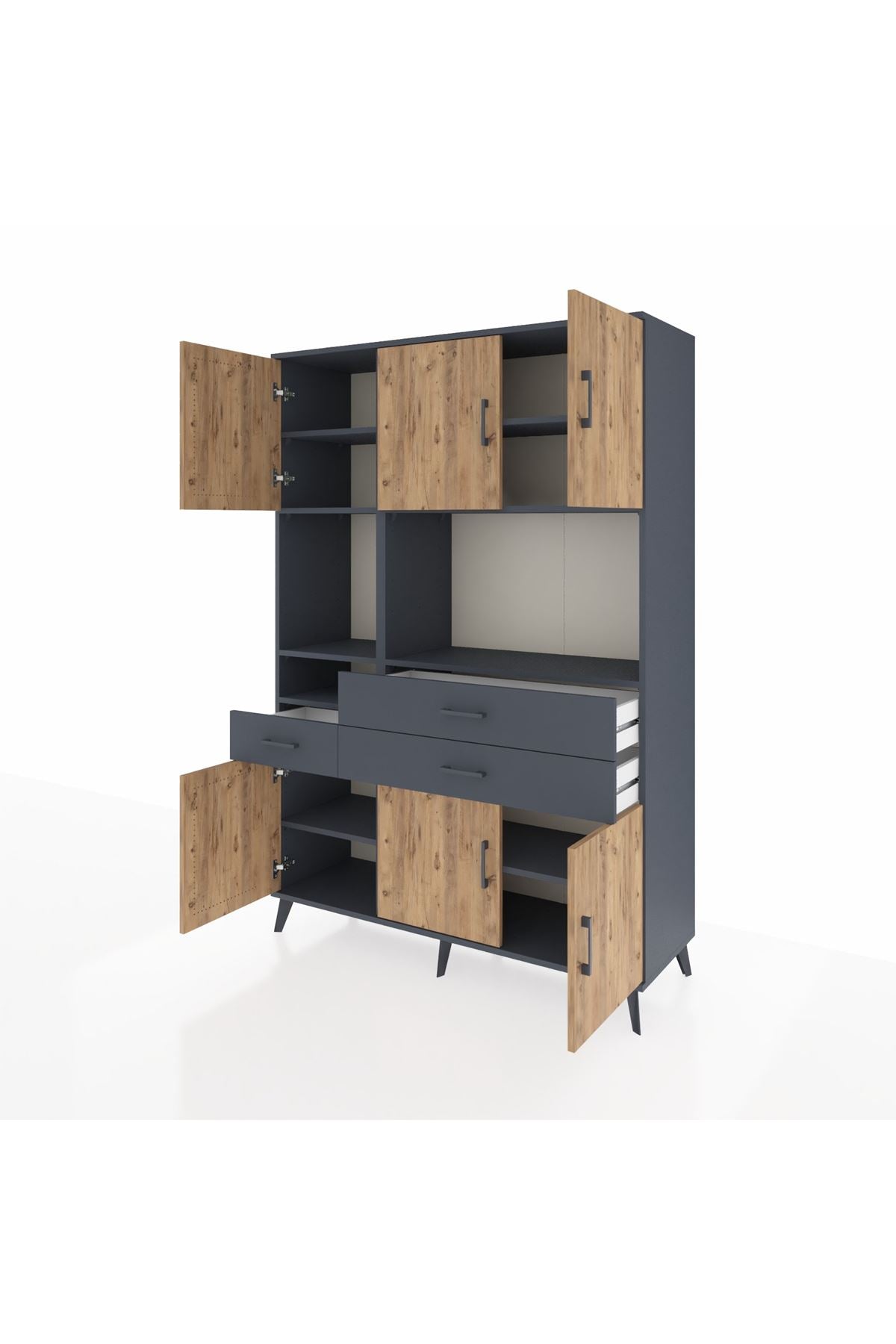 Hyperion Dolap 9 Raflı 3 Çekmeceli 6 Kapaklı 132x44x195 Antrasit-Çam/Antrasit