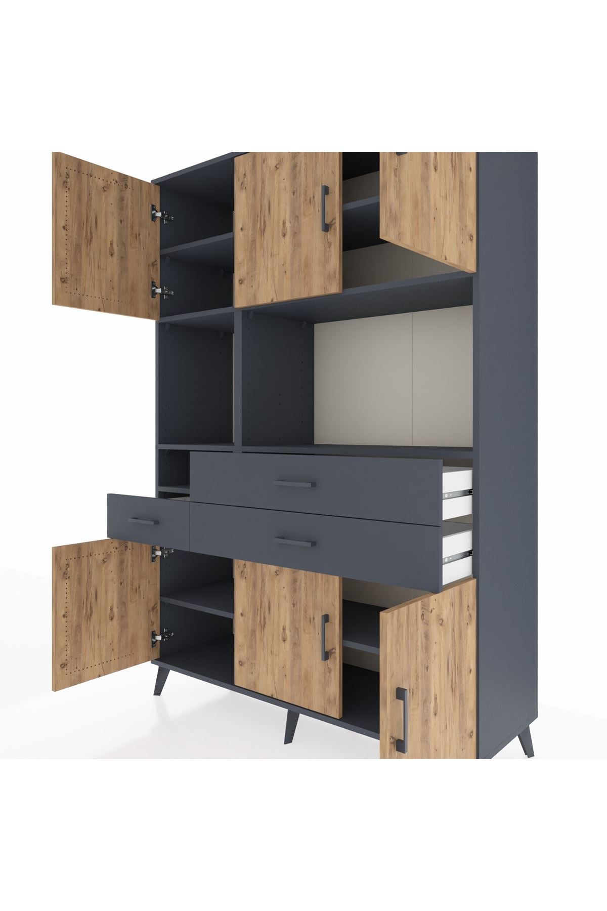 Hyperion Dolap 9 Raflı 3 Çekmeceli 6 Kapaklı 132x44x195 Antrasit-Çam/Antrasit