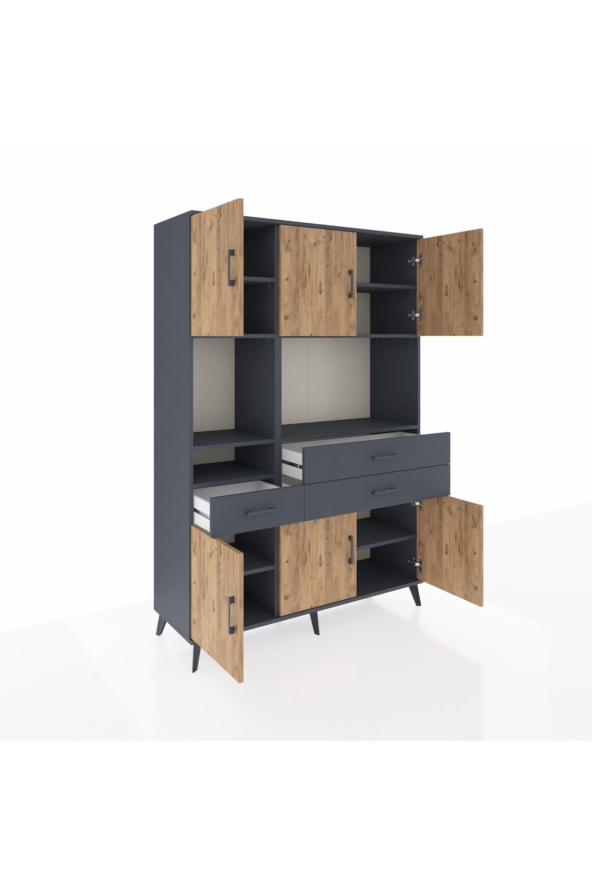 Hyperion Dolap 9 Raflı 3 Çekmeceli 6 Kapaklı 132x44x195 Antrasit-Çam/Antrasit