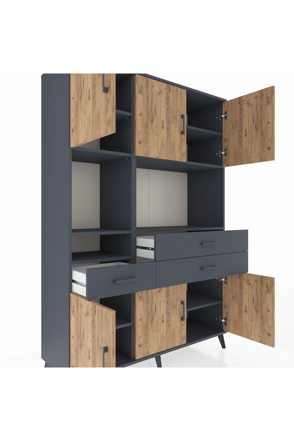 Hyperion Dolap 9 Raflı 3 Çekmeceli 6 Kapaklı 132x44x195 Antrasit-Çam/Antrasit