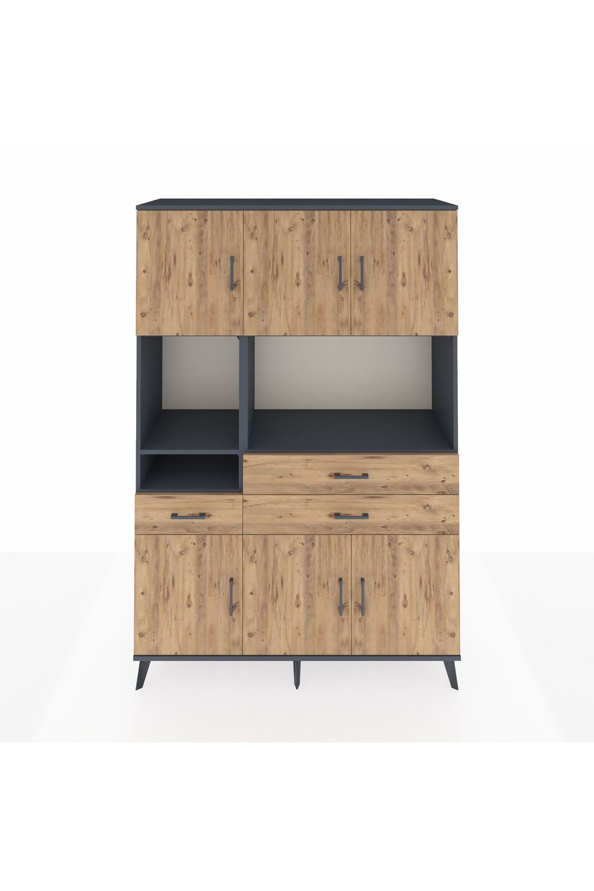 Hyperion Dolap 9 Raflı 3 Çekmeceli 6 Kapaklı 132x44x195 Antrasit-Çam/Çam