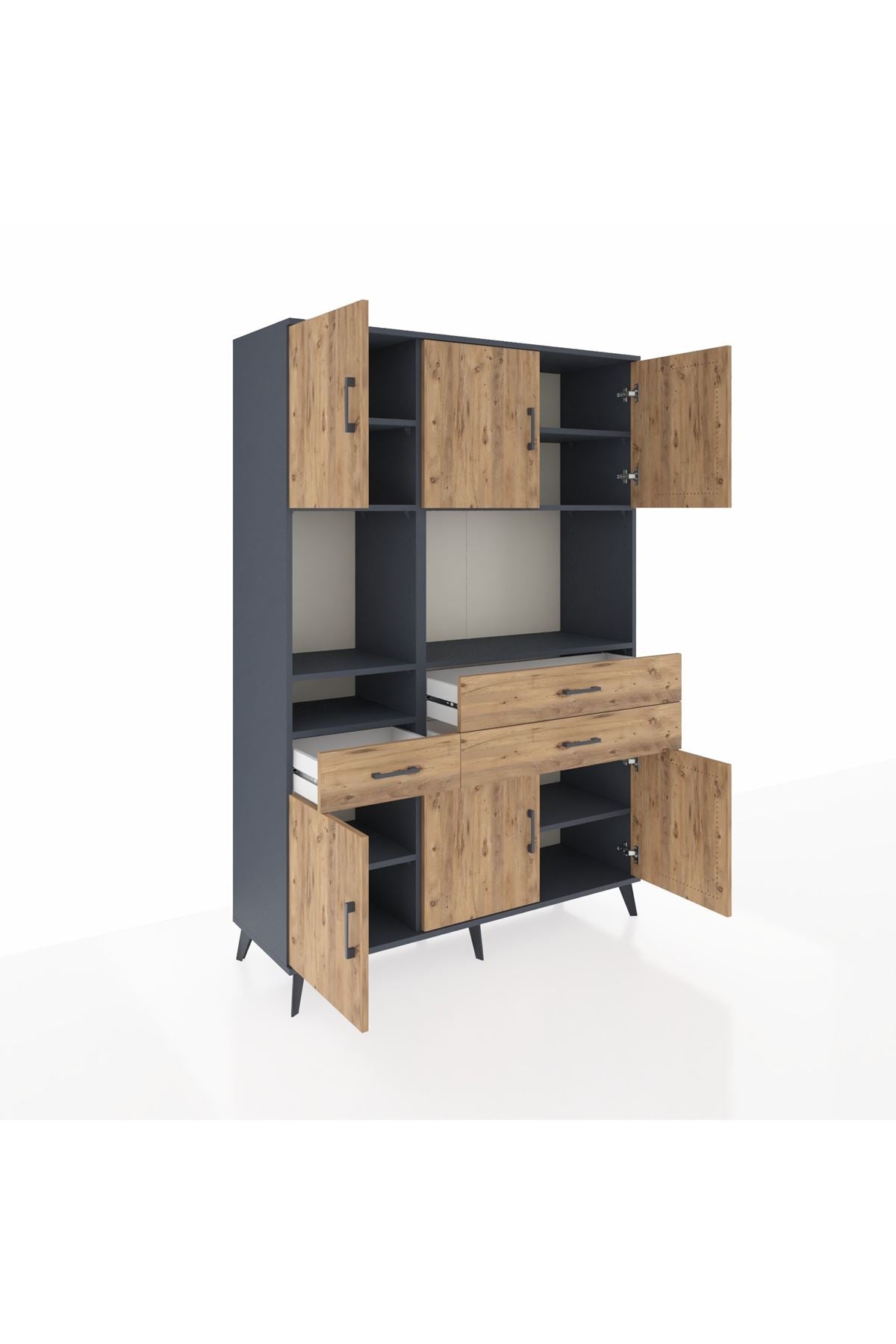 Hyperion Dolap 9 Raflı 3 Çekmeceli 6 Kapaklı 132x44x195 Antrasit-Çam/Çam