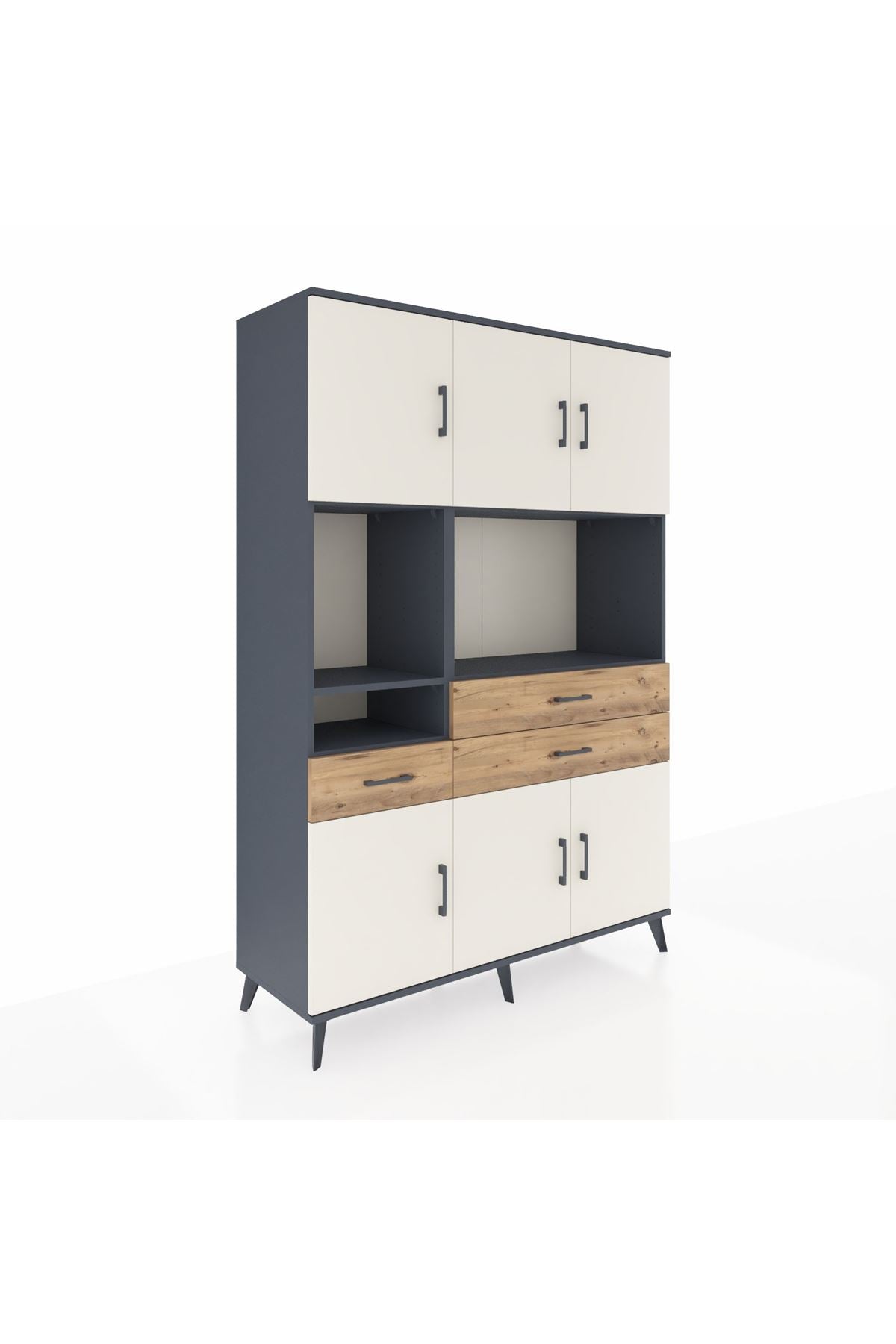 Hyperion Dolap 9 Raflı 3 Çekmeceli 6 Kapaklı 132x44x195 Antrasit-Aytaşı/Çam