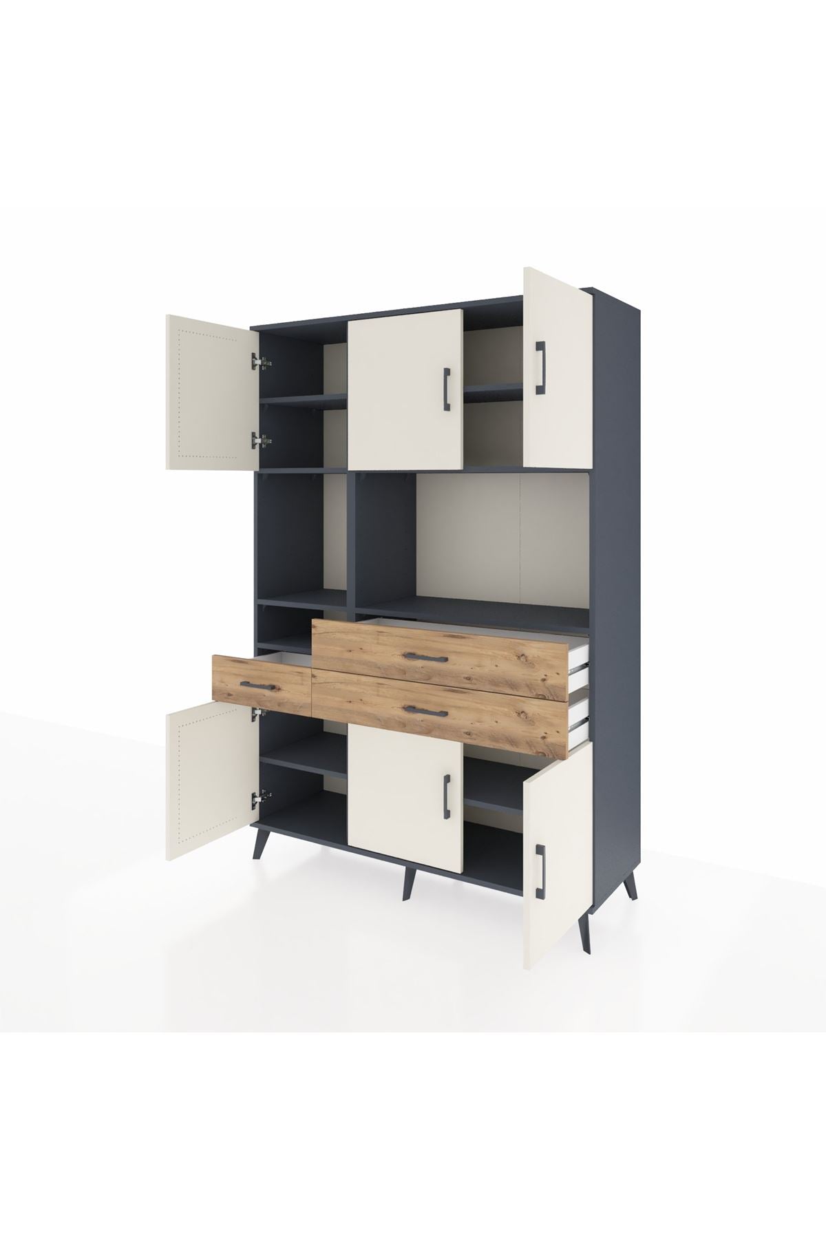 Hyperion Dolap 9 Raflı 3 Çekmeceli 6 Kapaklı 132x44x195 Antrasit-Aytaşı/Çam