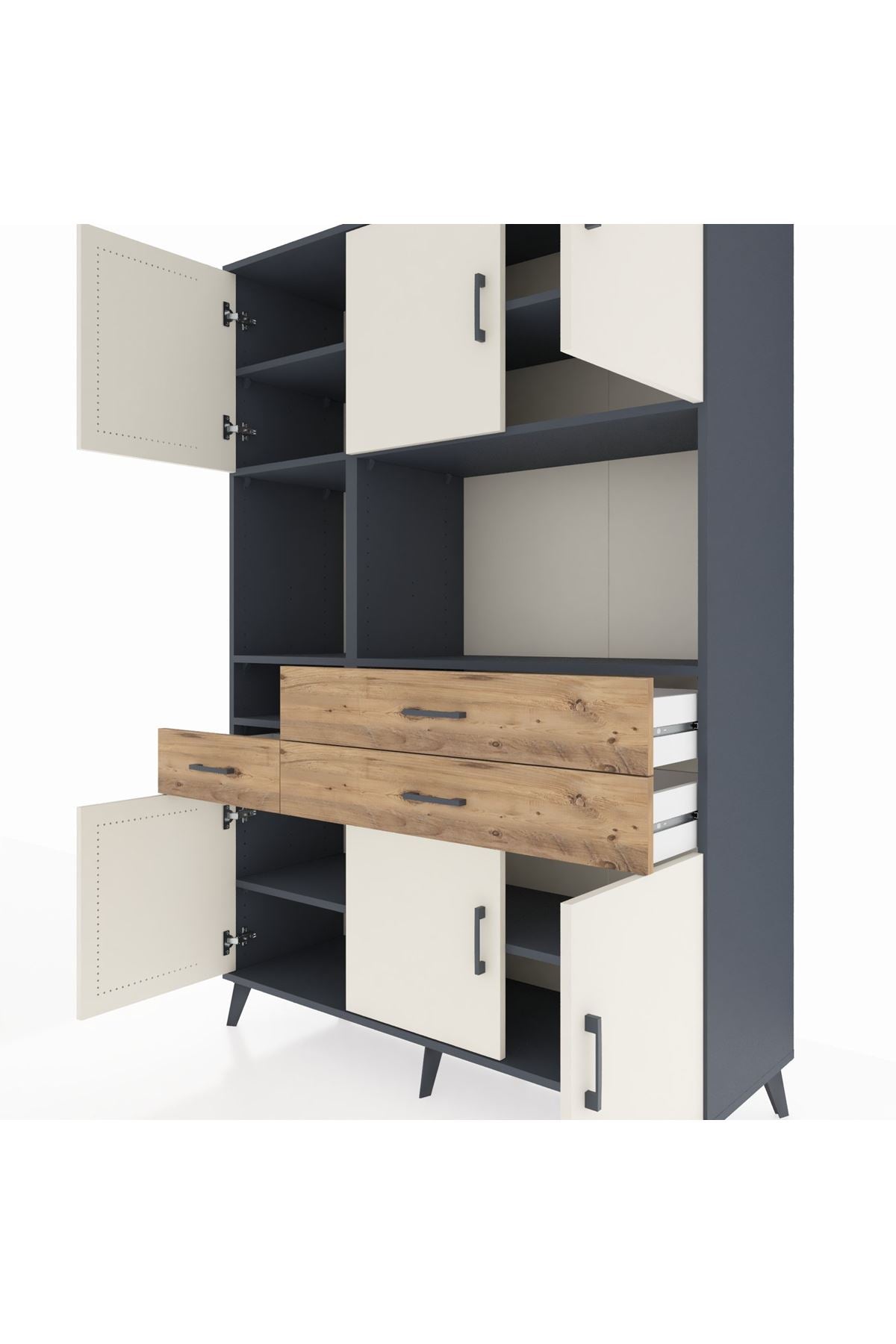 Hyperion Dolap 9 Raflı 3 Çekmeceli 6 Kapaklı 132x44x195 Antrasit-Aytaşı/Çam