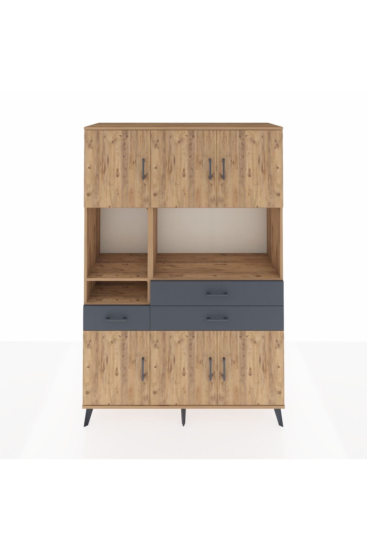 Hyperion Dolap 9 Raflı 3 Çekmeceli 6 Kapaklı 132x44x195 Çam-Çam/Antrasit