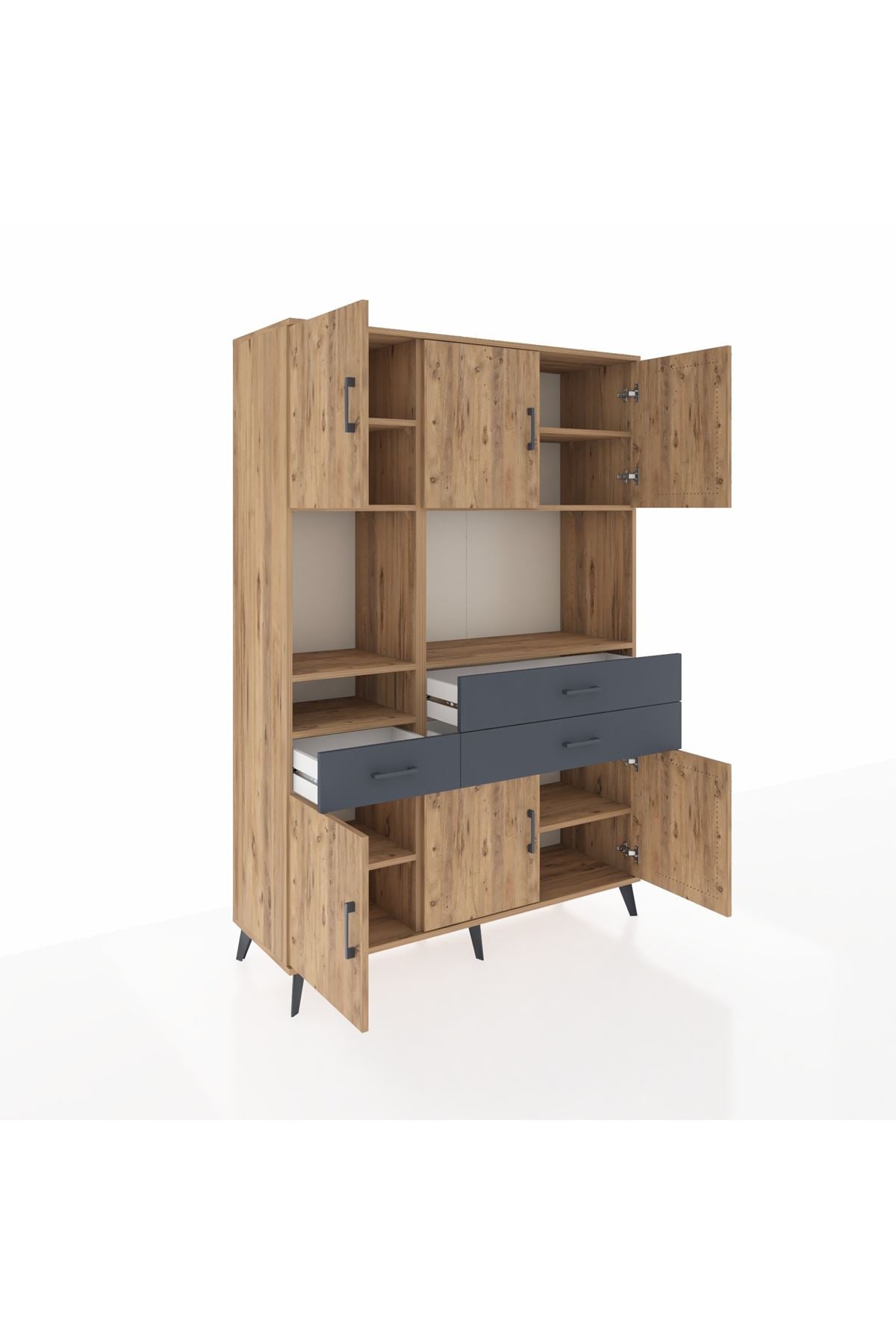 Hyperion Dolap 9 Raflı 3 Çekmeceli 6 Kapaklı 132x44x195 Çam-Çam/Antrasit