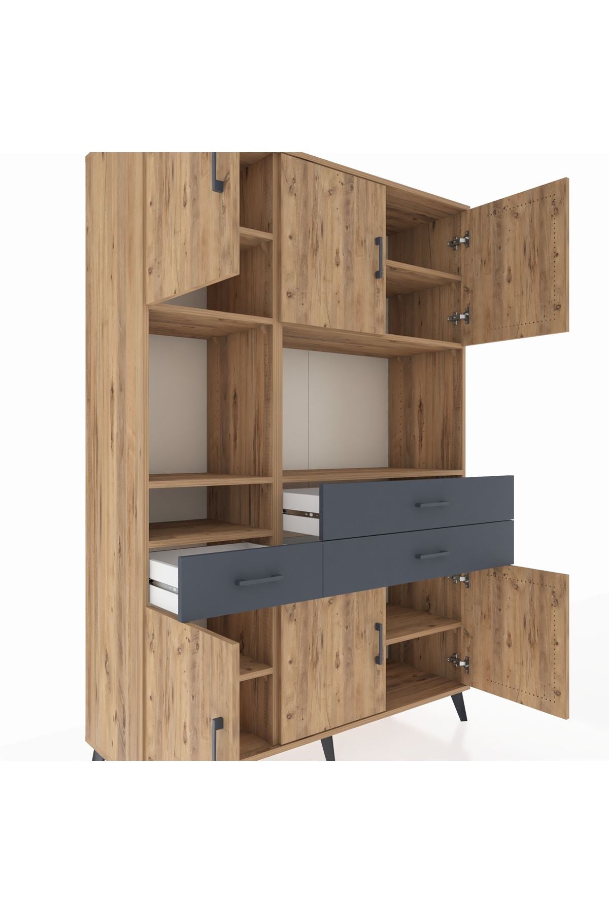 Hyperion Dolap 9 Raflı 3 Çekmeceli 6 Kapaklı 132x44x195 Çam-Çam/Antrasit