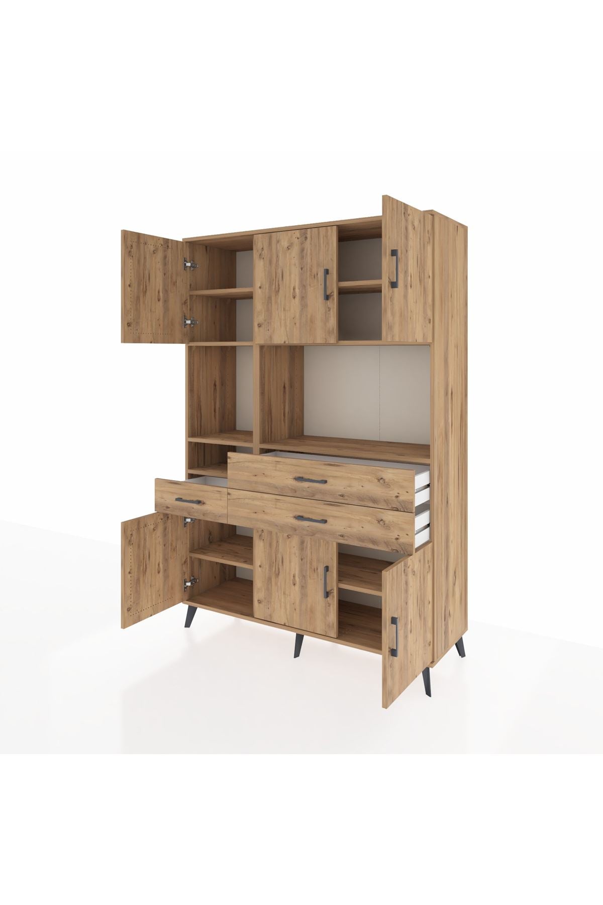 Hyperion Dolap 9 Raflı 3 Çekmeceli 6 Kapaklı 132x44x195 Çam-Çam/Çam