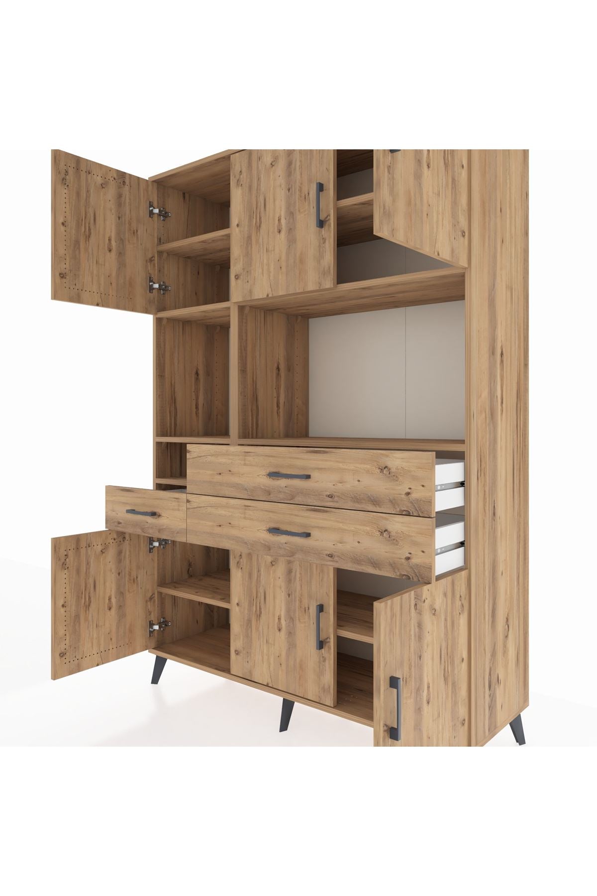 Hyperion Dolap 9 Raflı 3 Çekmeceli 6 Kapaklı 132x44x195 Çam-Çam/Çam