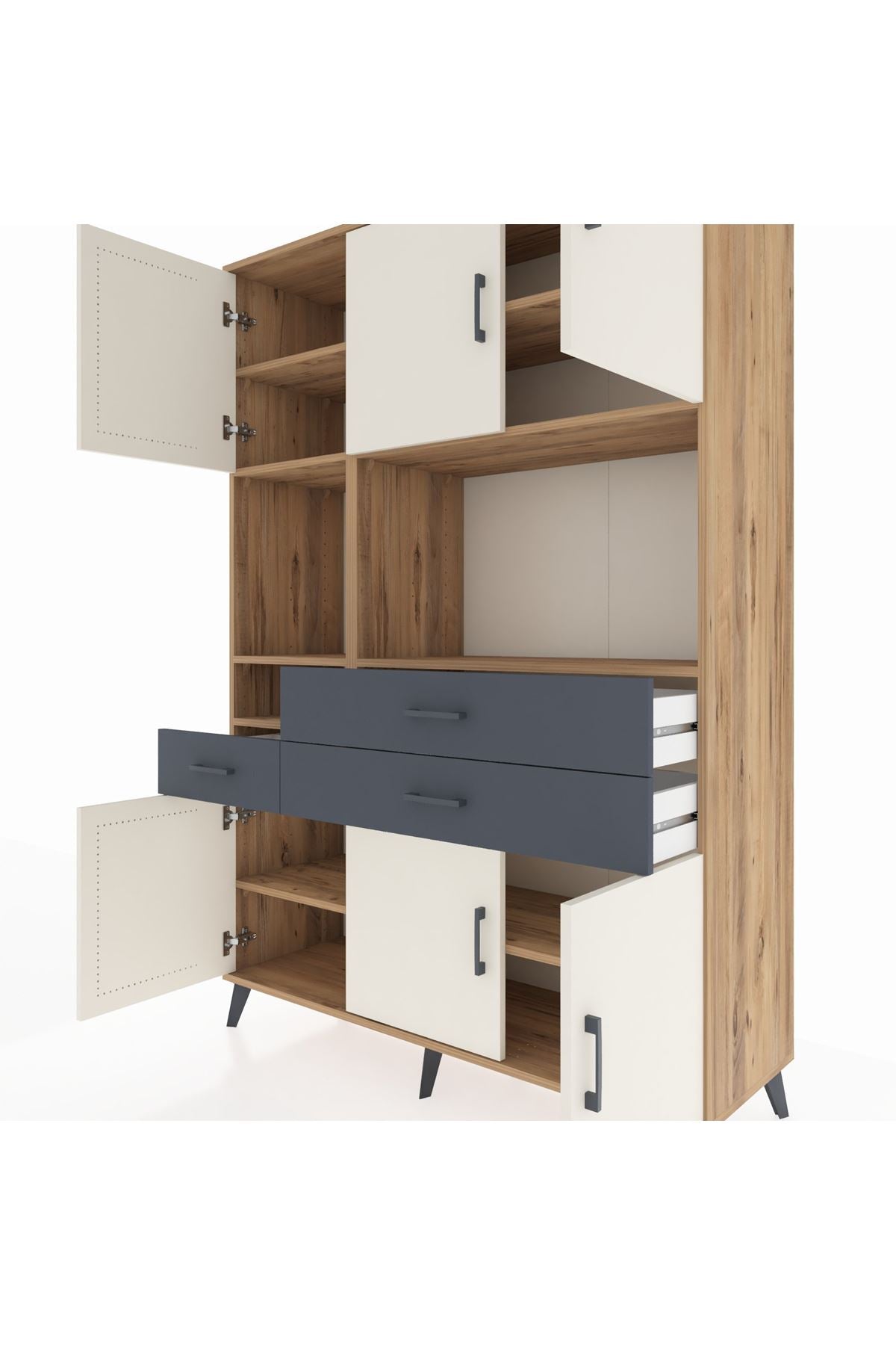 Hyperion Dolap 9 Raflı 3 Çekmeceli 6 Kapaklı 132x44x195 Çam-Aytaşı/Antrasit