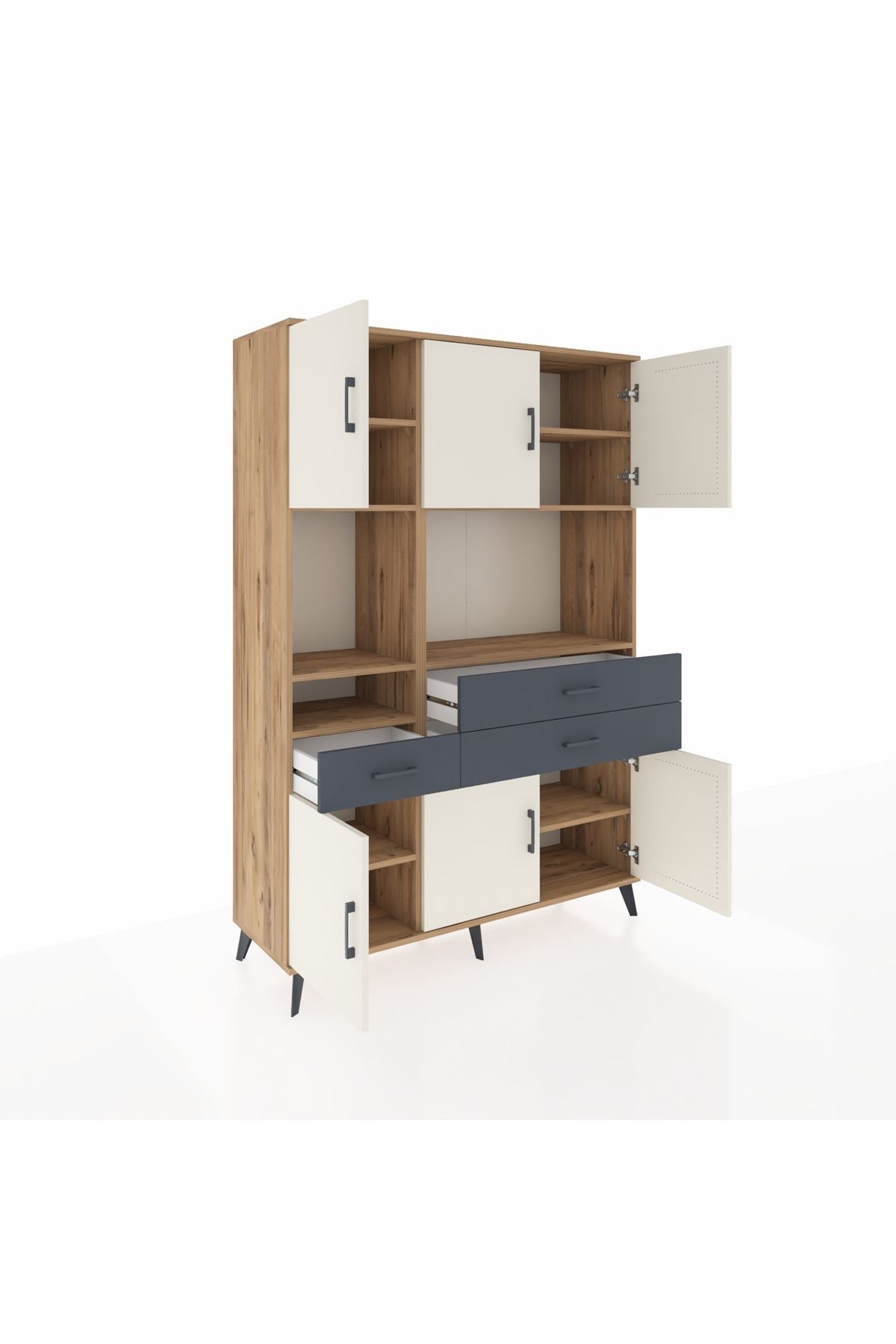 Hyperion Dolap 9 Raflı 3 Çekmeceli 6 Kapaklı 132x44x195 Çam-Aytaşı/Antrasit