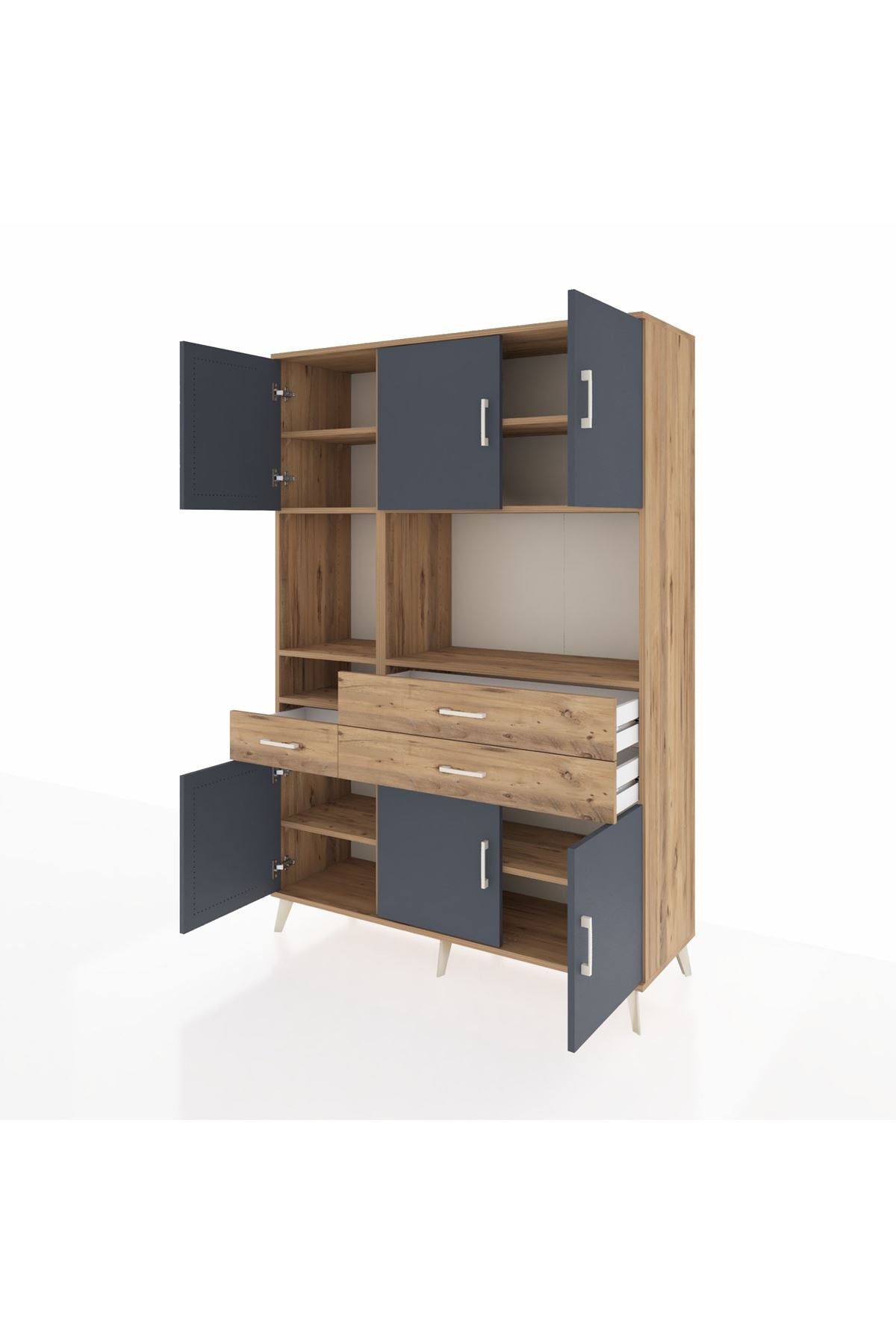 Hyperion Dolap 9 Raflı 3 Çekmeceli 6 Kapaklı 132x44x195 Çam-Antrasit/Çam