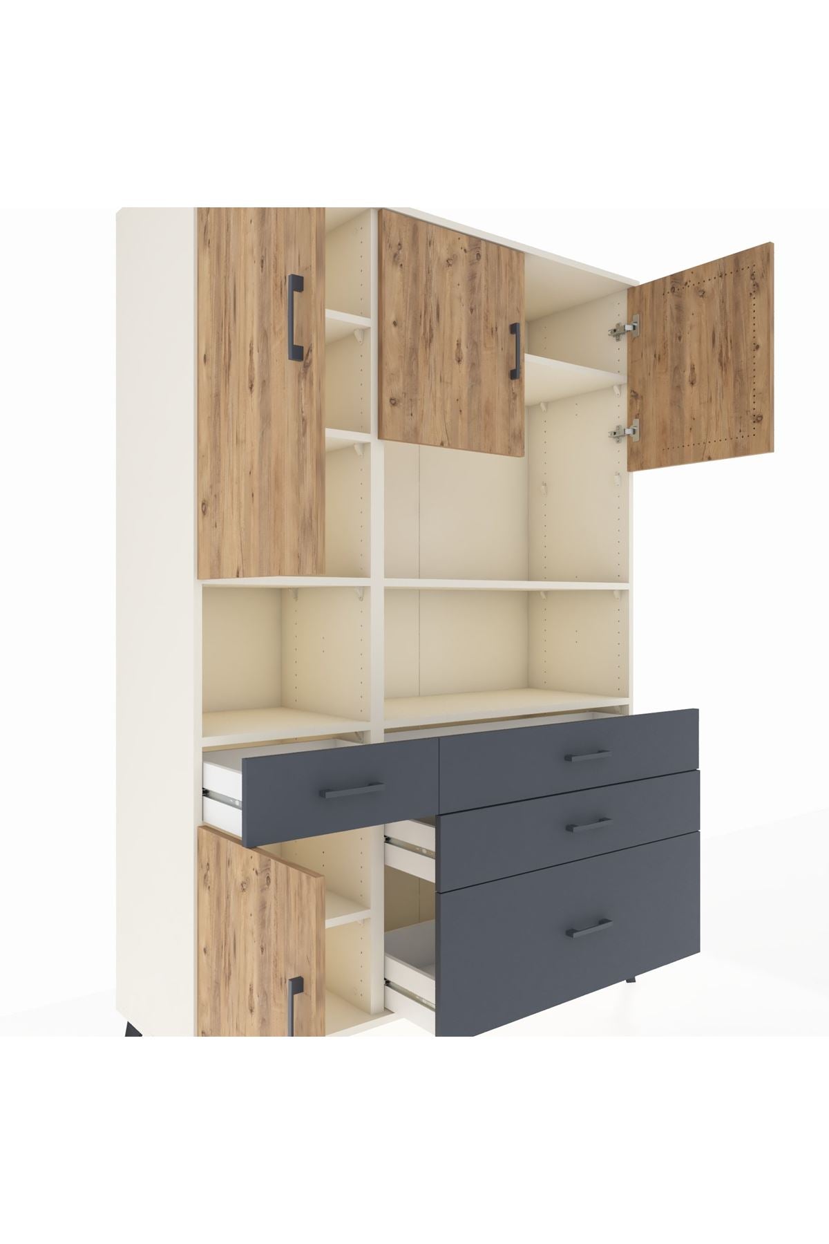 Hyperion Dolap 9 Raflı 4 Çekmeceli 4 Kapaklı 132x44x195 Aytaşı-Çam/Antrasit