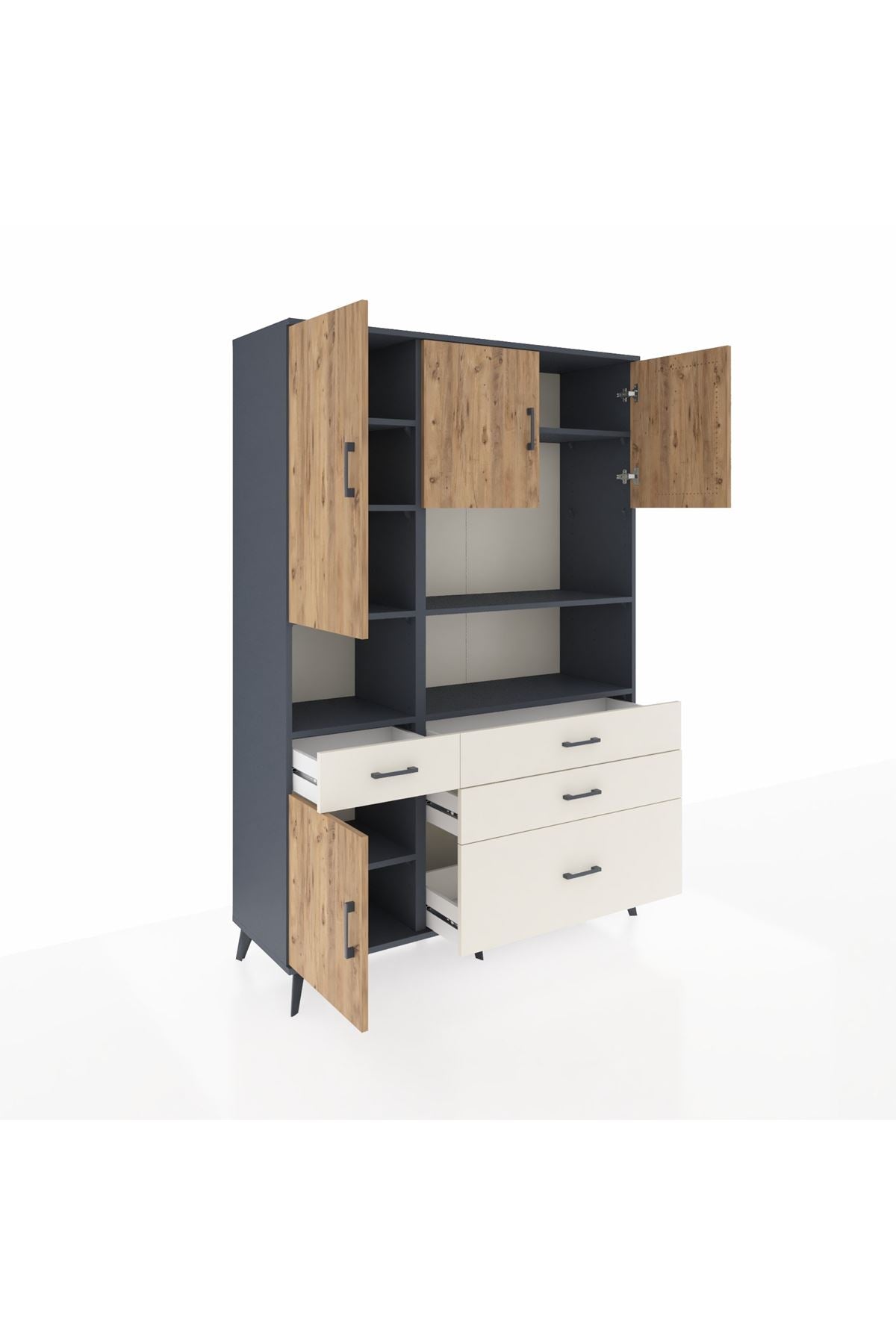 Hyperion Dolap 9 Raflı 4 Çekmeceli 4 Kapaklı 132x44x195 Antrasit-Çam/Aytaşı