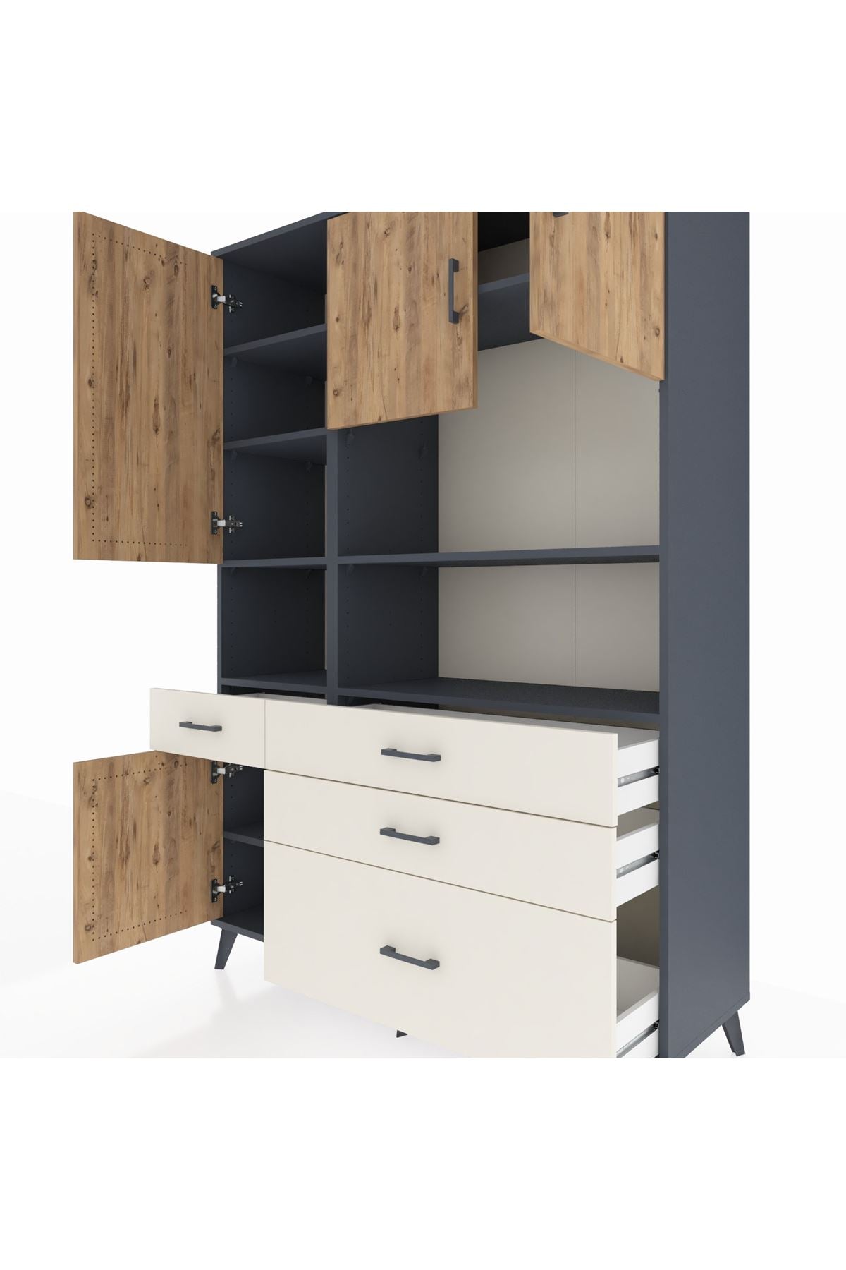 Hyperion Dolap 9 Raflı 4 Çekmeceli 4 Kapaklı 132x44x195 Antrasit-Çam/Aytaşı