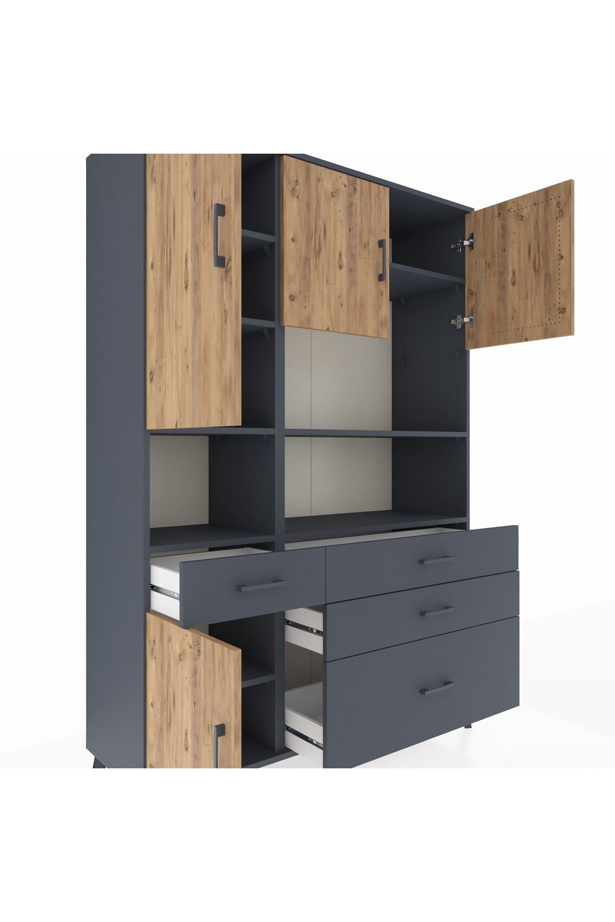 Hyperion Dolap 9 Raflı 4 Çekmeceli 4 Kapaklı 132x44x195 Antrasit-Çam/Antrasit