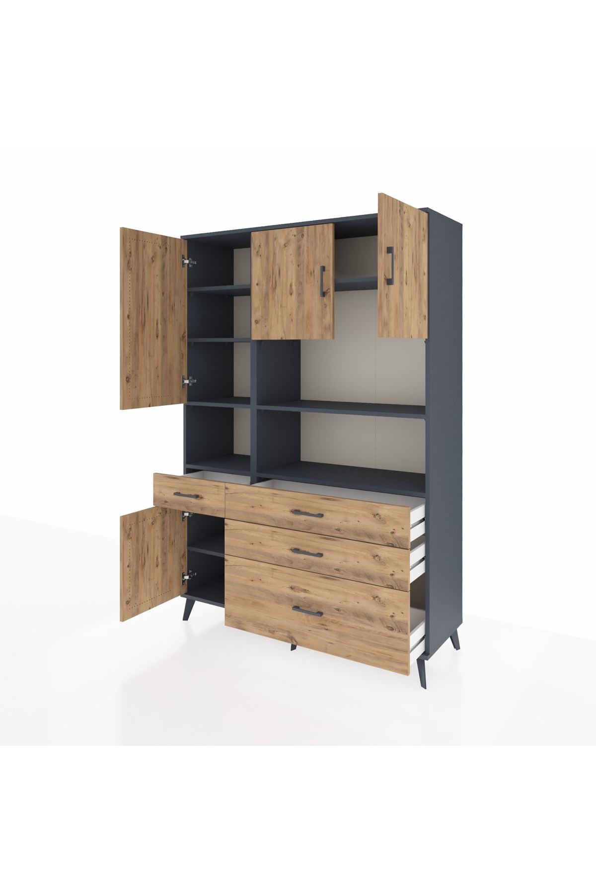 Hyperion Dolap 9 Raflı 4 Çekmeceli 4 Kapaklı 132x44x195 Antrasit-Çam/Çam