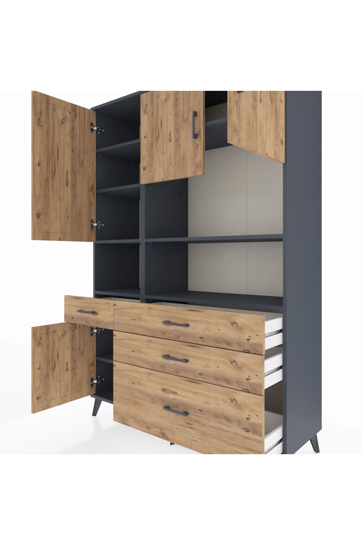 Hyperion Dolap 9 Raflı 4 Çekmeceli 4 Kapaklı 132x44x195 Antrasit-Çam/Çam