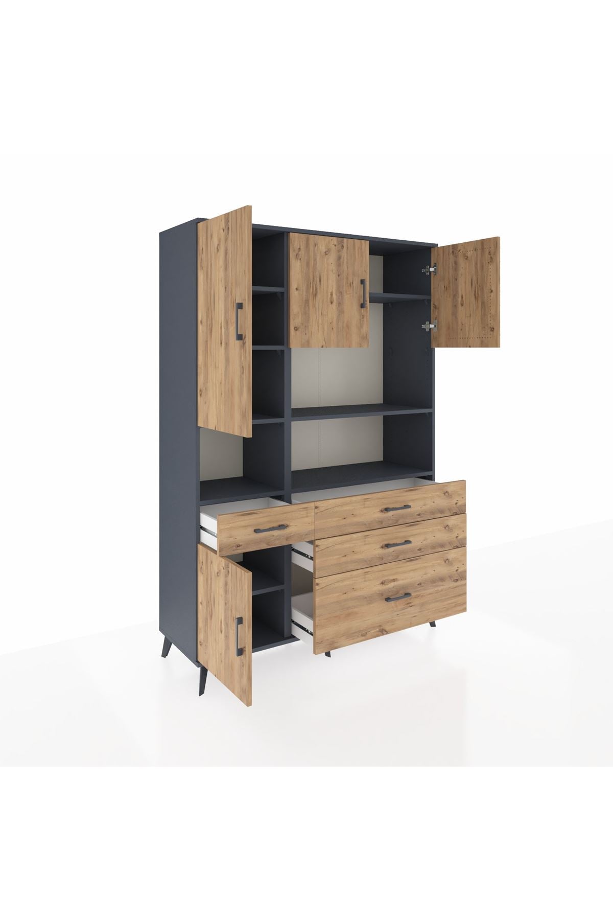 Hyperion Dolap 9 Raflı 4 Çekmeceli 4 Kapaklı 132x44x195 Antrasit-Çam/Çam