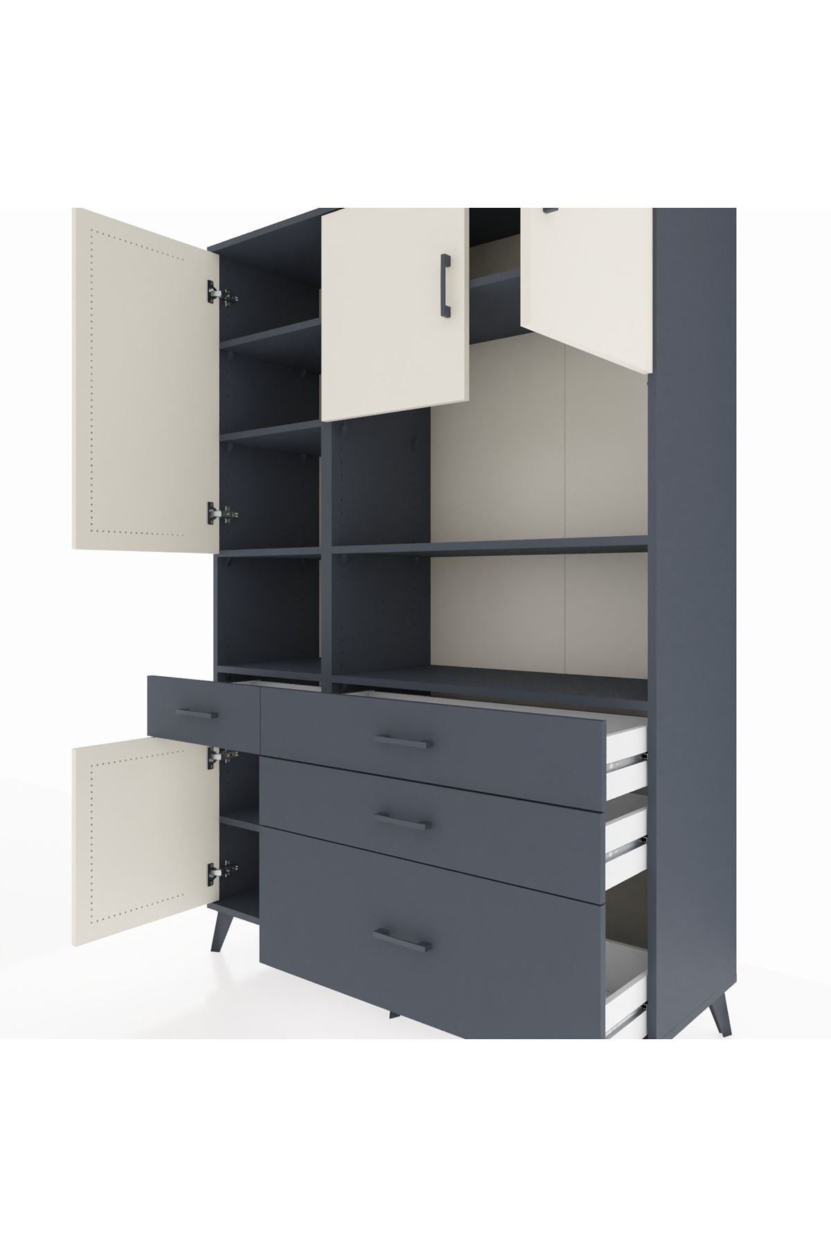 Hyperion Dolap 9 Raflı 4 Çekmeceli 4 Kapaklı 132x44x195 Antrasit-Aytaşı/Antrasit