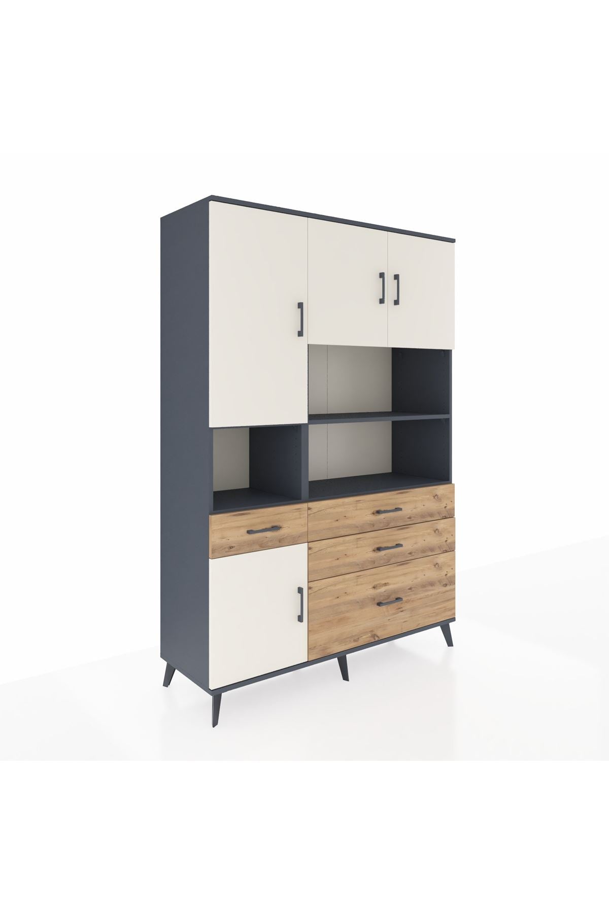 Hyperion Dolap 9 Raflı 4 Çekmeceli 4 Kapaklı 132x44x195 Antrasit-Aytaşı/Çam