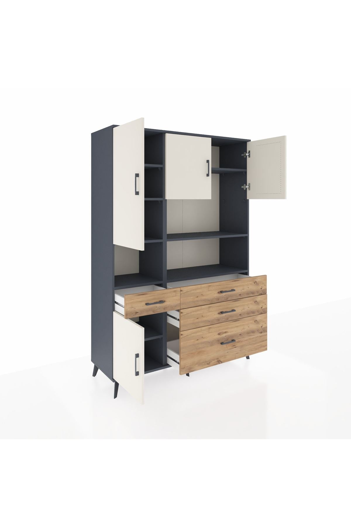 Hyperion Dolap 9 Raflı 4 Çekmeceli 4 Kapaklı 132x44x195 Antrasit-Aytaşı/Çam