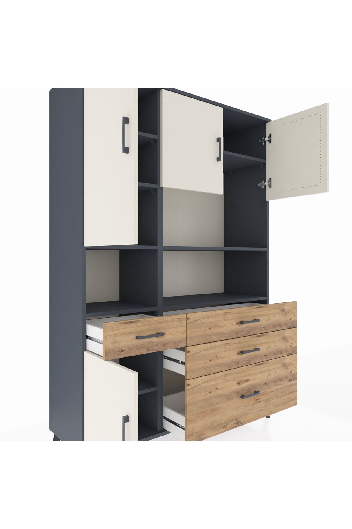 Hyperion Dolap 9 Raflı 4 Çekmeceli 4 Kapaklı 132x44x195 Antrasit-Aytaşı/Çam