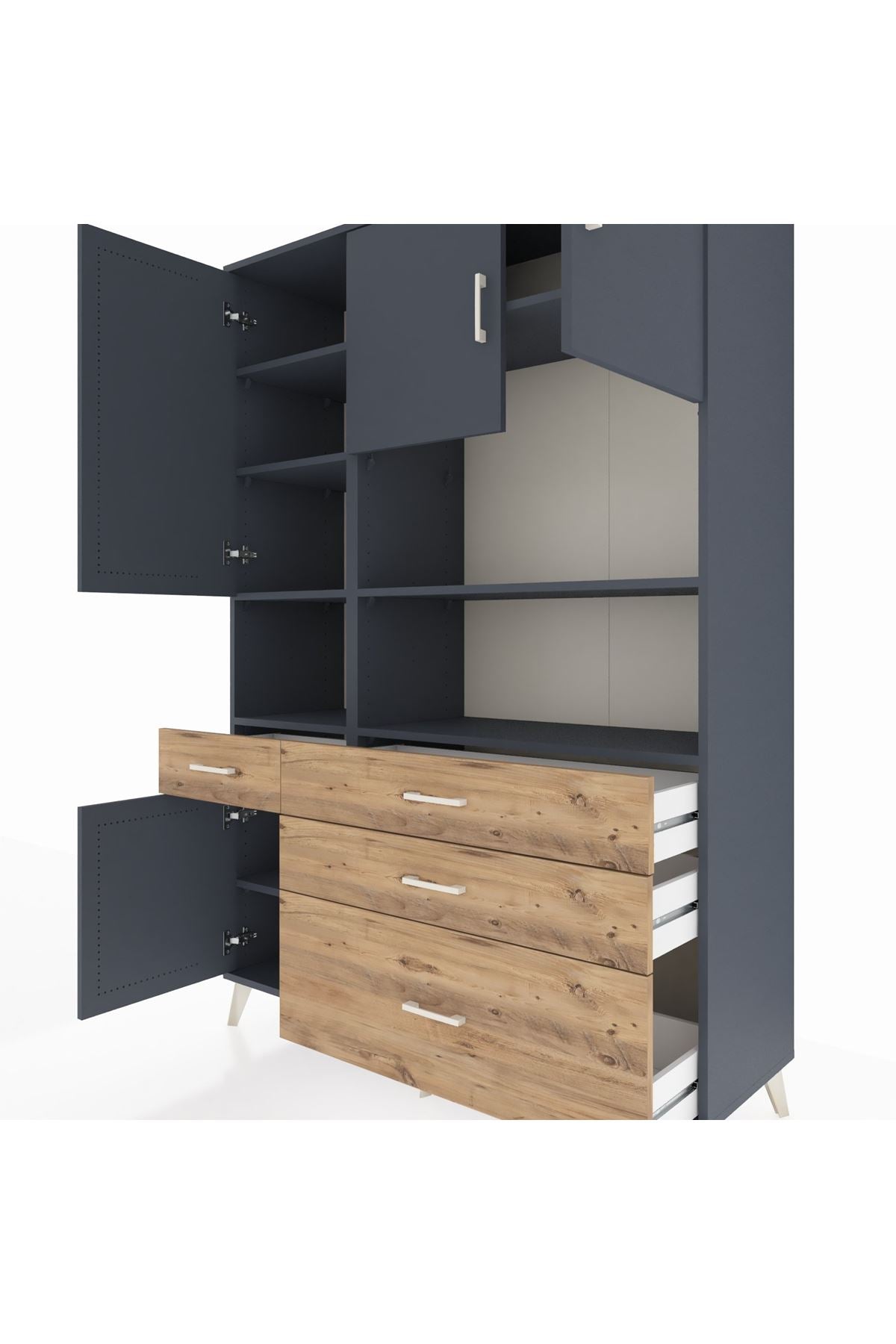 Hyperion Dolap 9 Raflı 4 Çekmeceli 4 Kapaklı 132x44x195 Antrasit-Antrasit/Çam